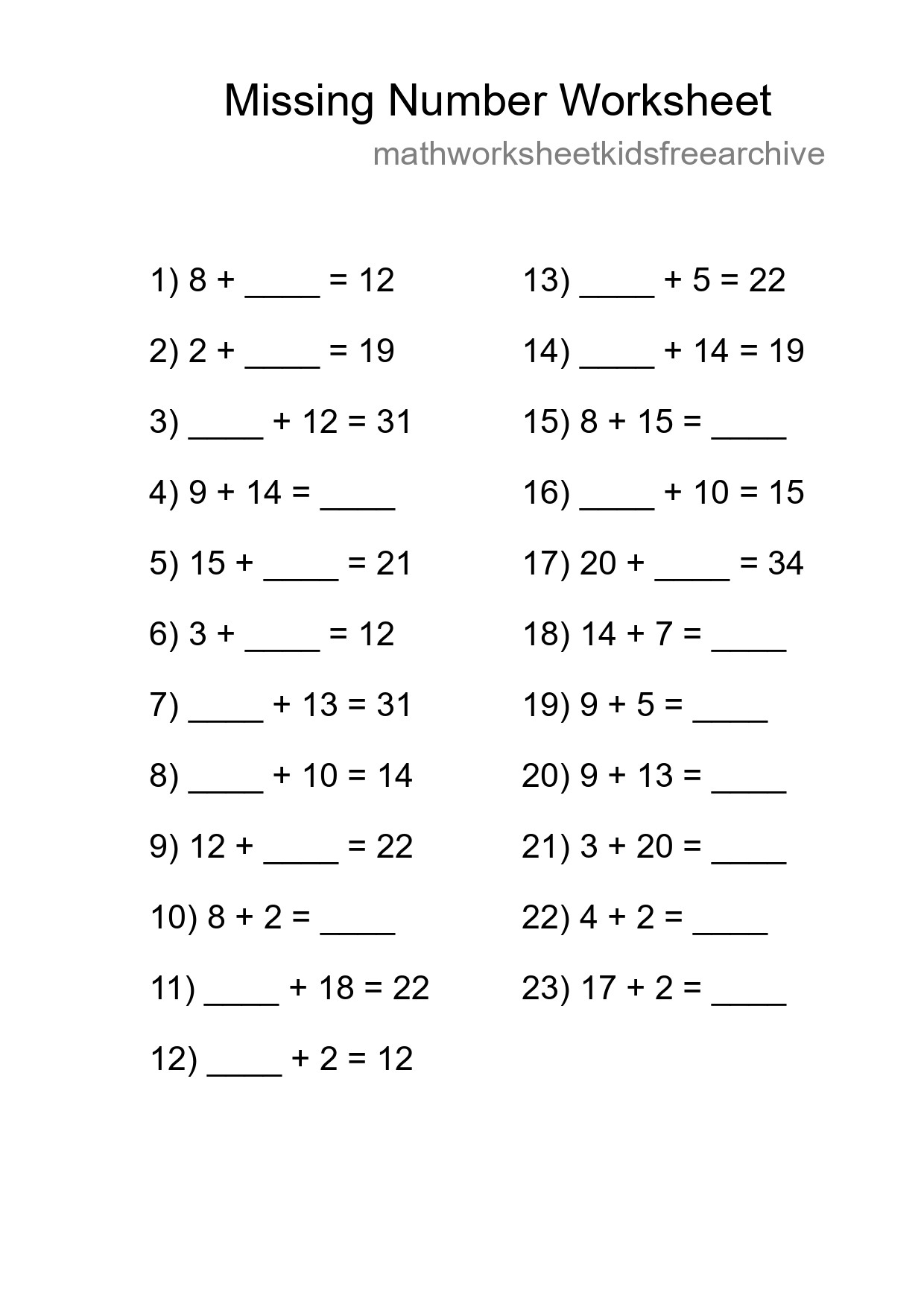 Missing Number Math Worksheet