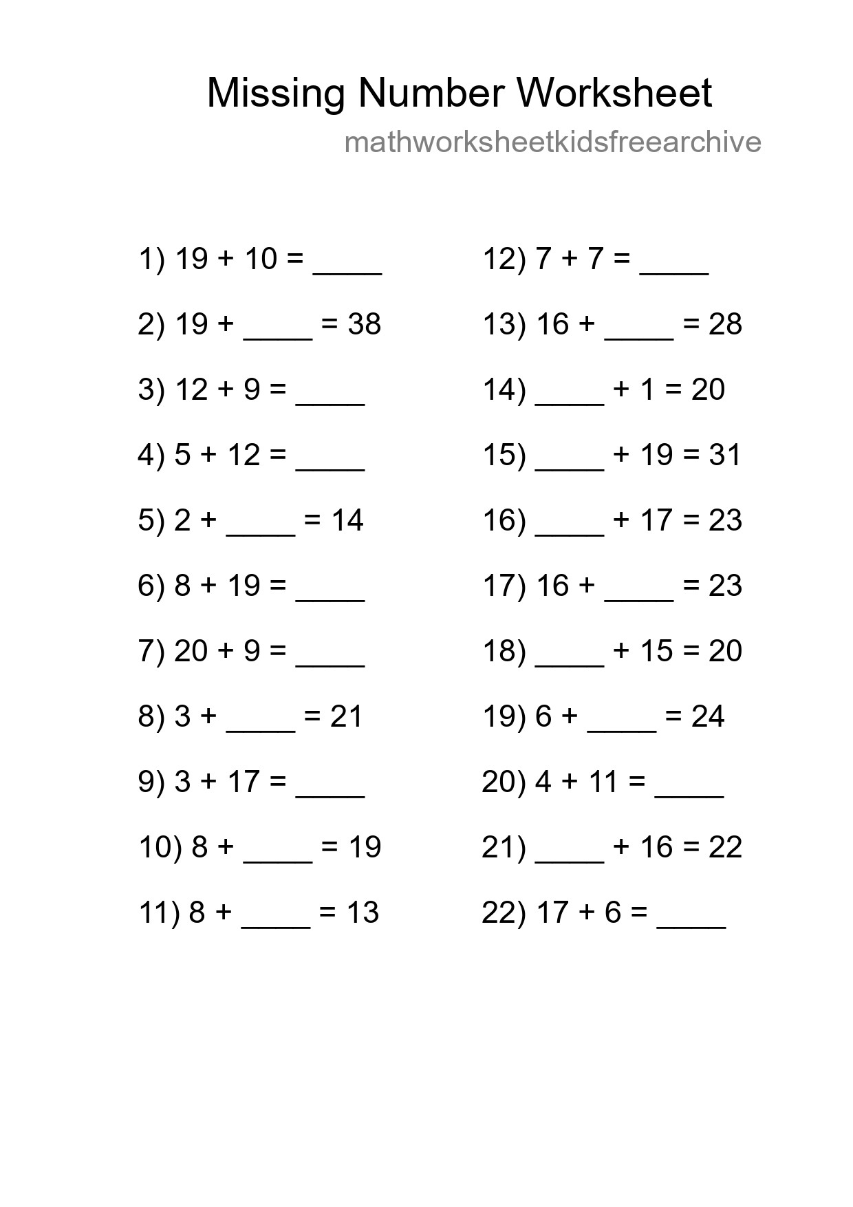 Missing Number Math Worksheet