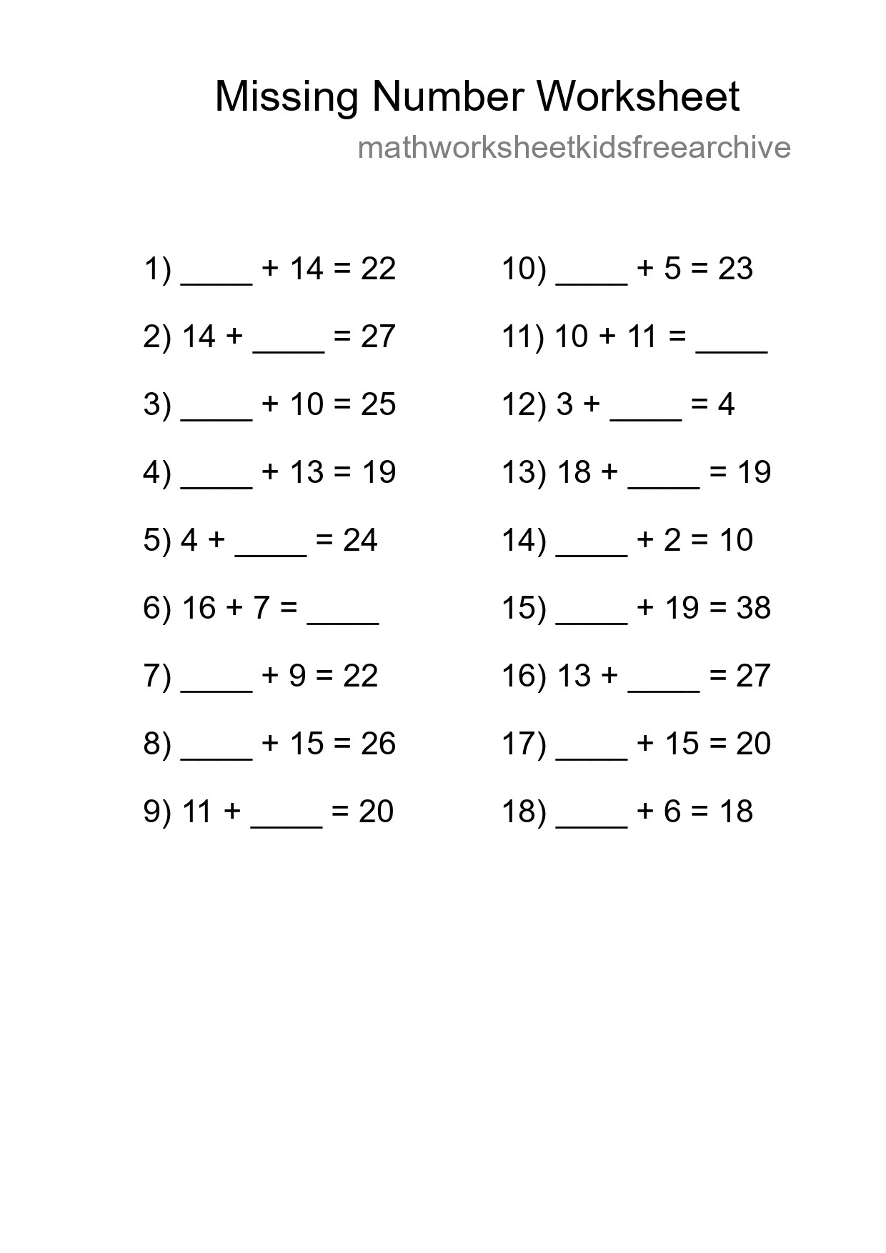 Missing Number Math Worksheet