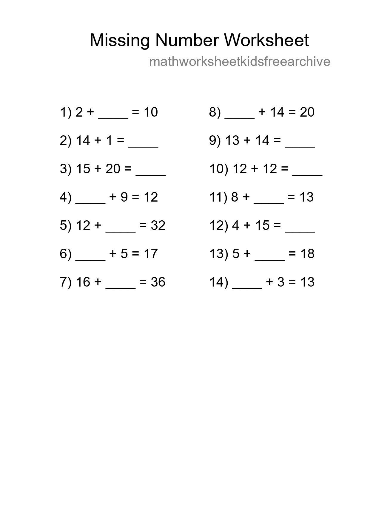 Missing Number Math Worksheet