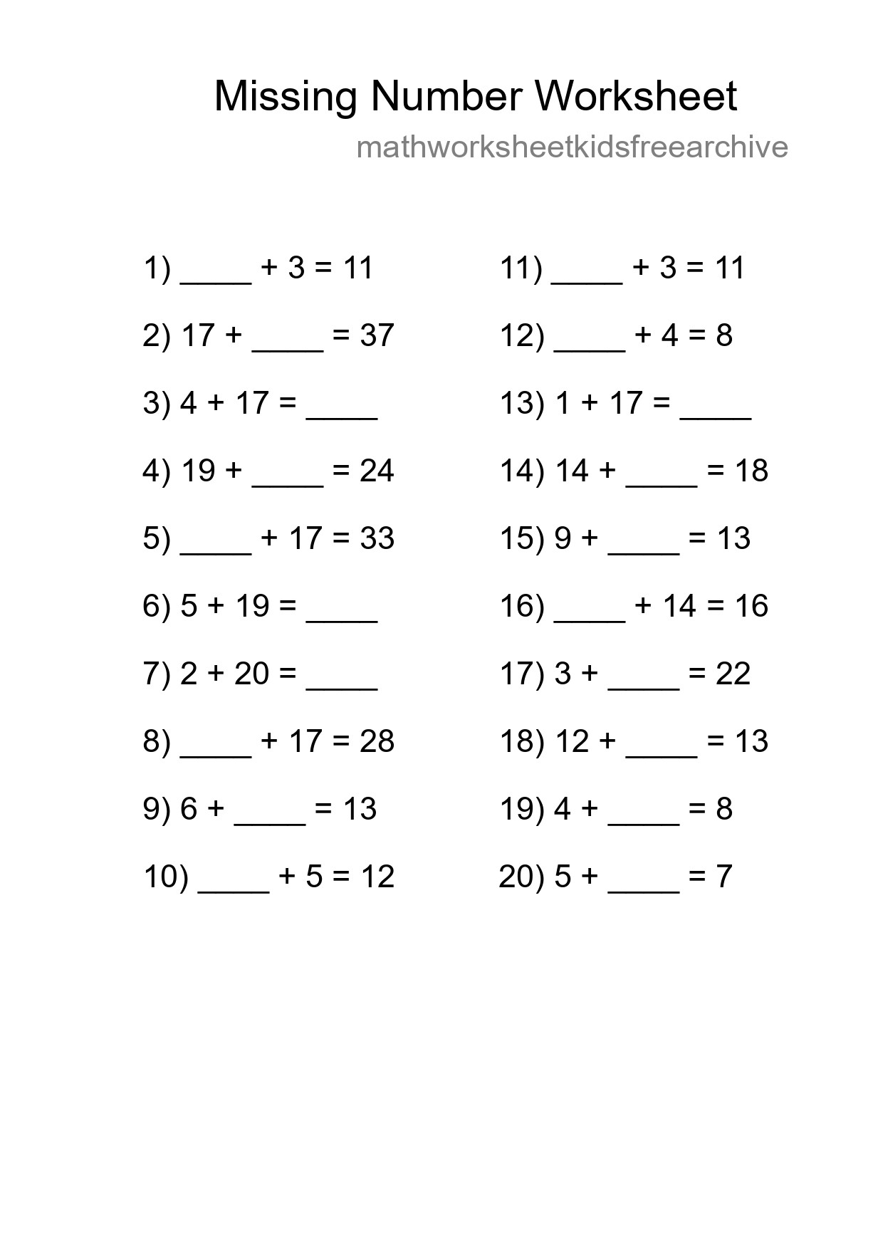 Missing Number Math Worksheet