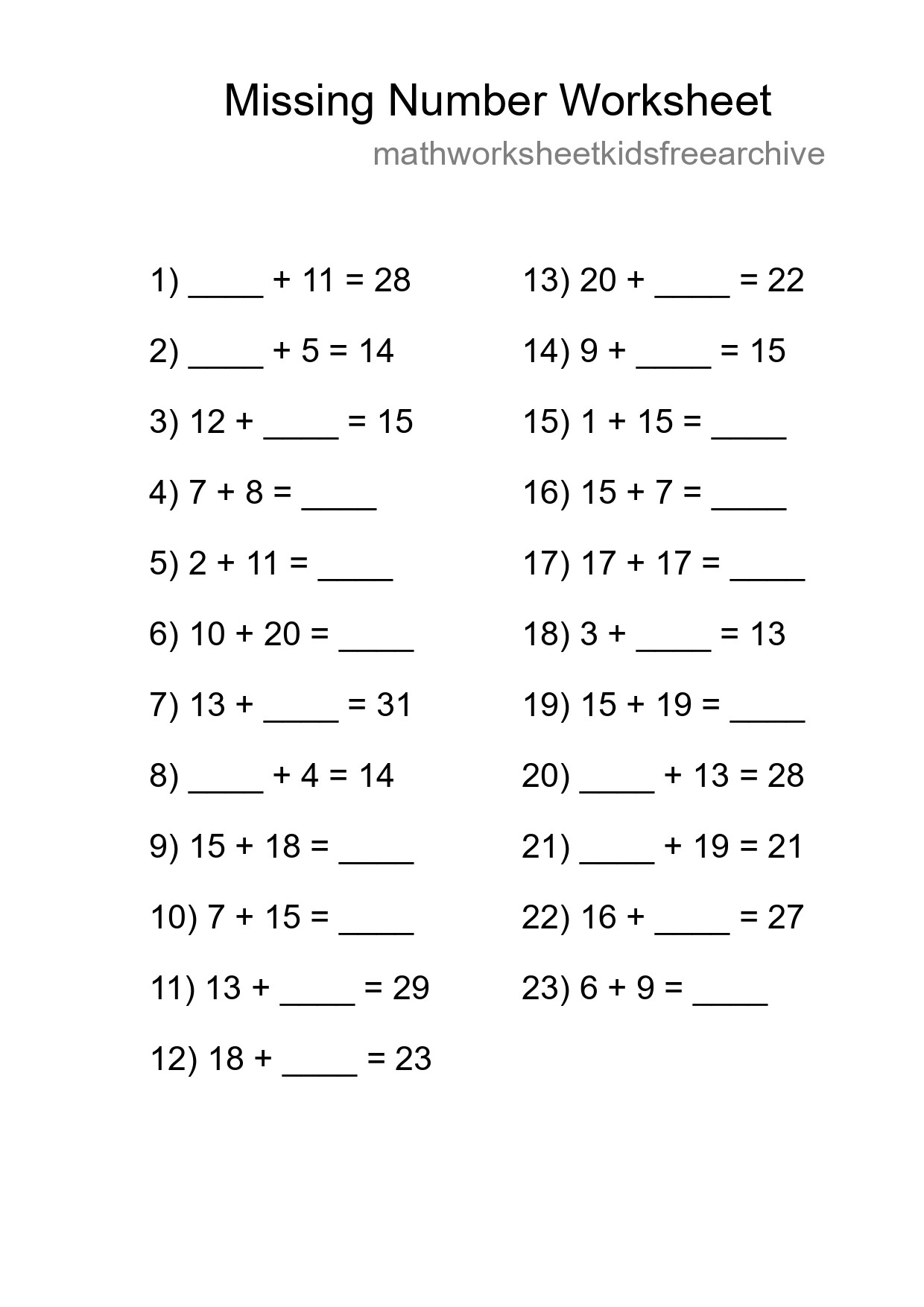 Missing Number Math Worksheet