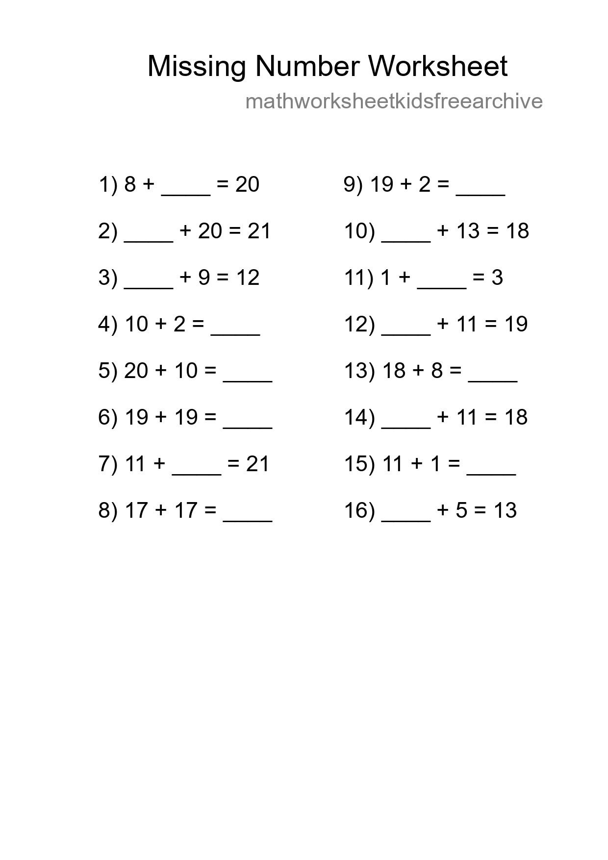 Missing Number Math Worksheet