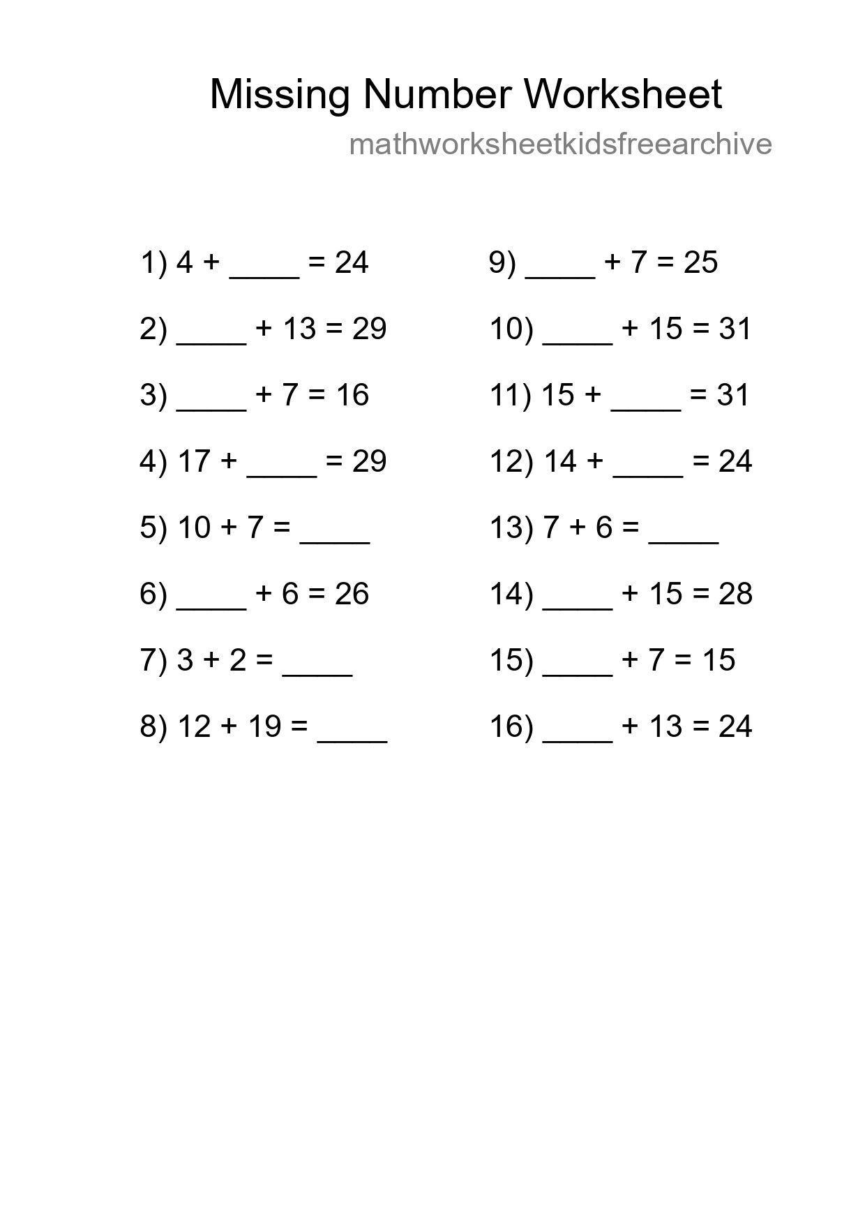 Missing Number Math Worksheet