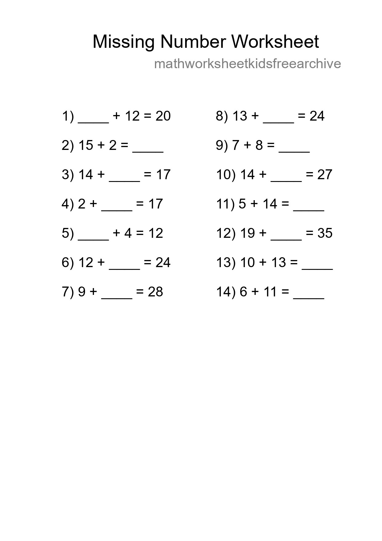 Missing Number Math Worksheet