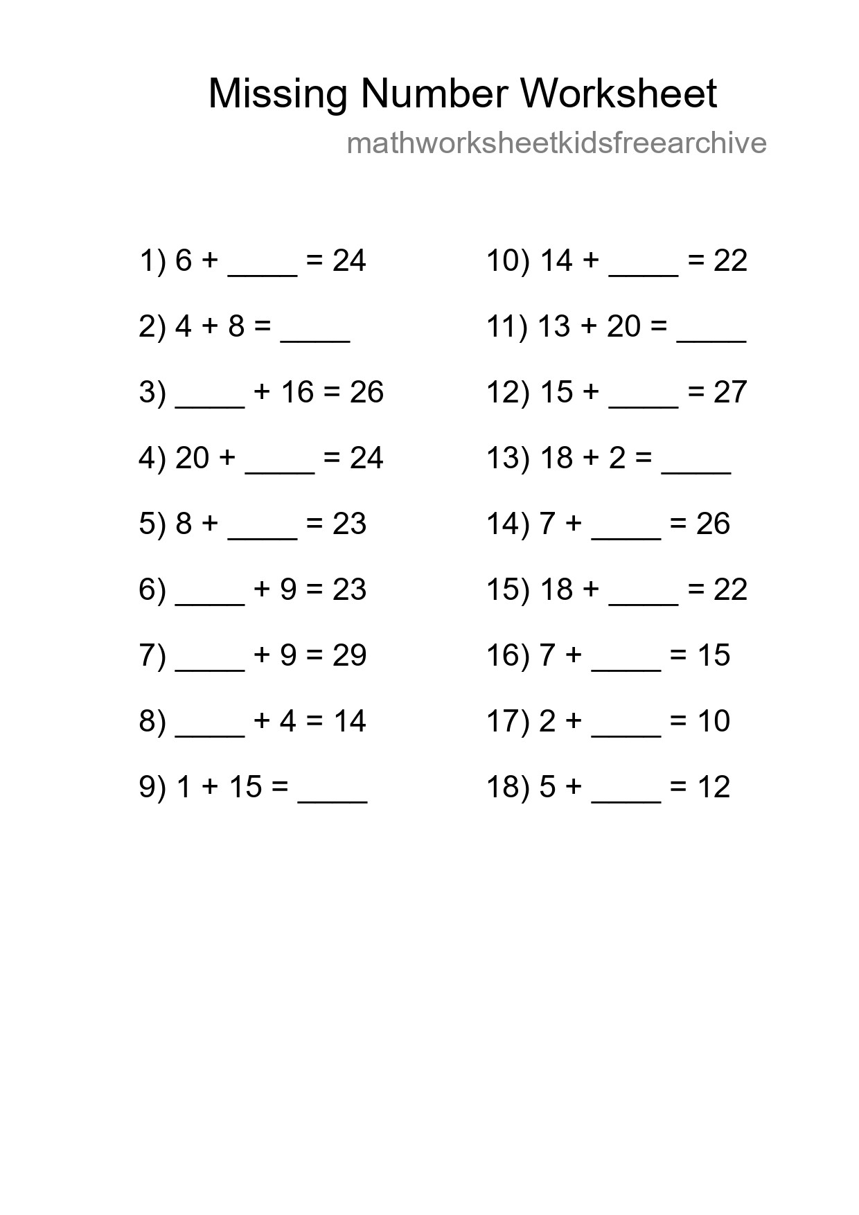 Missing Number Math Worksheet