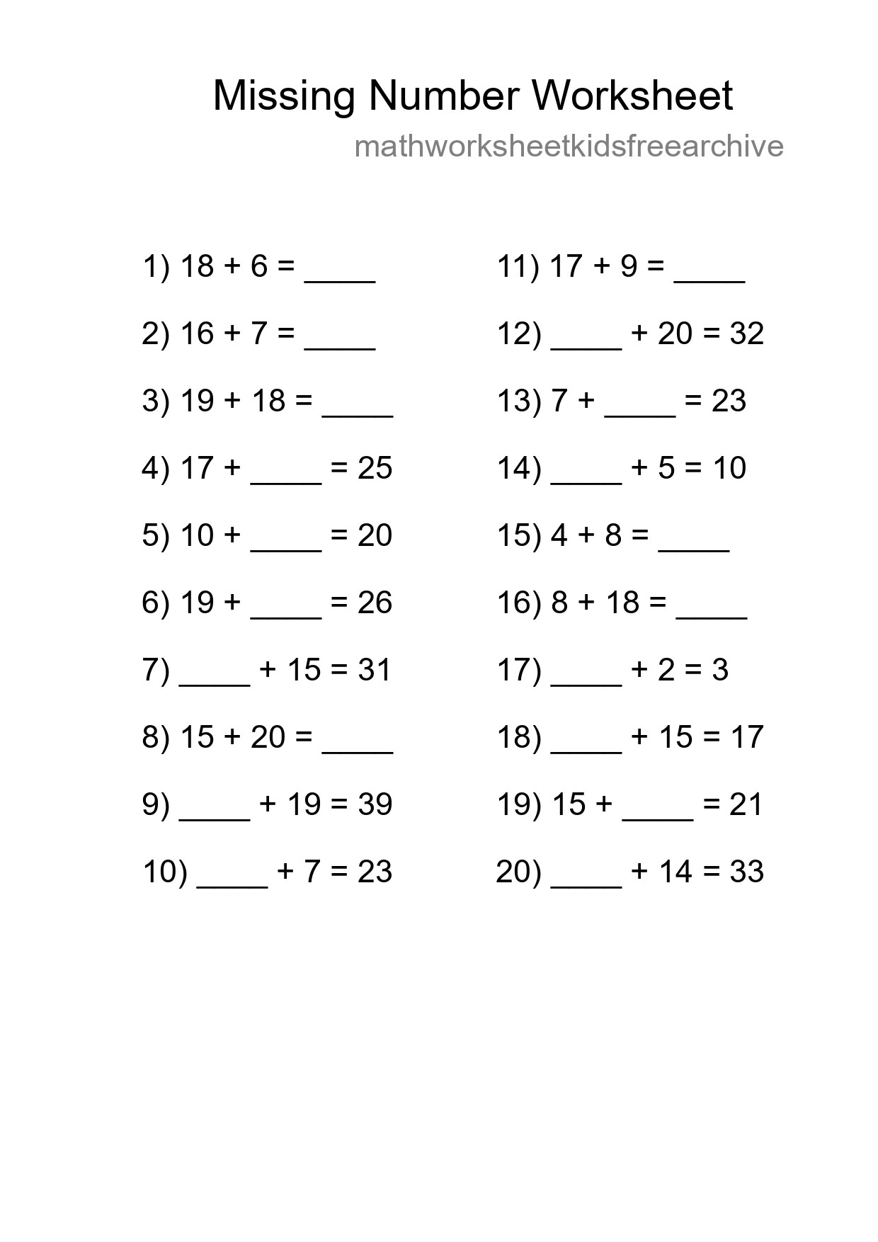 Missing Number Math Worksheet
