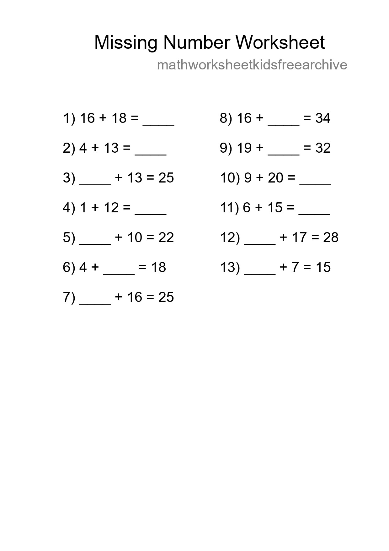 Missing Number Math Worksheet