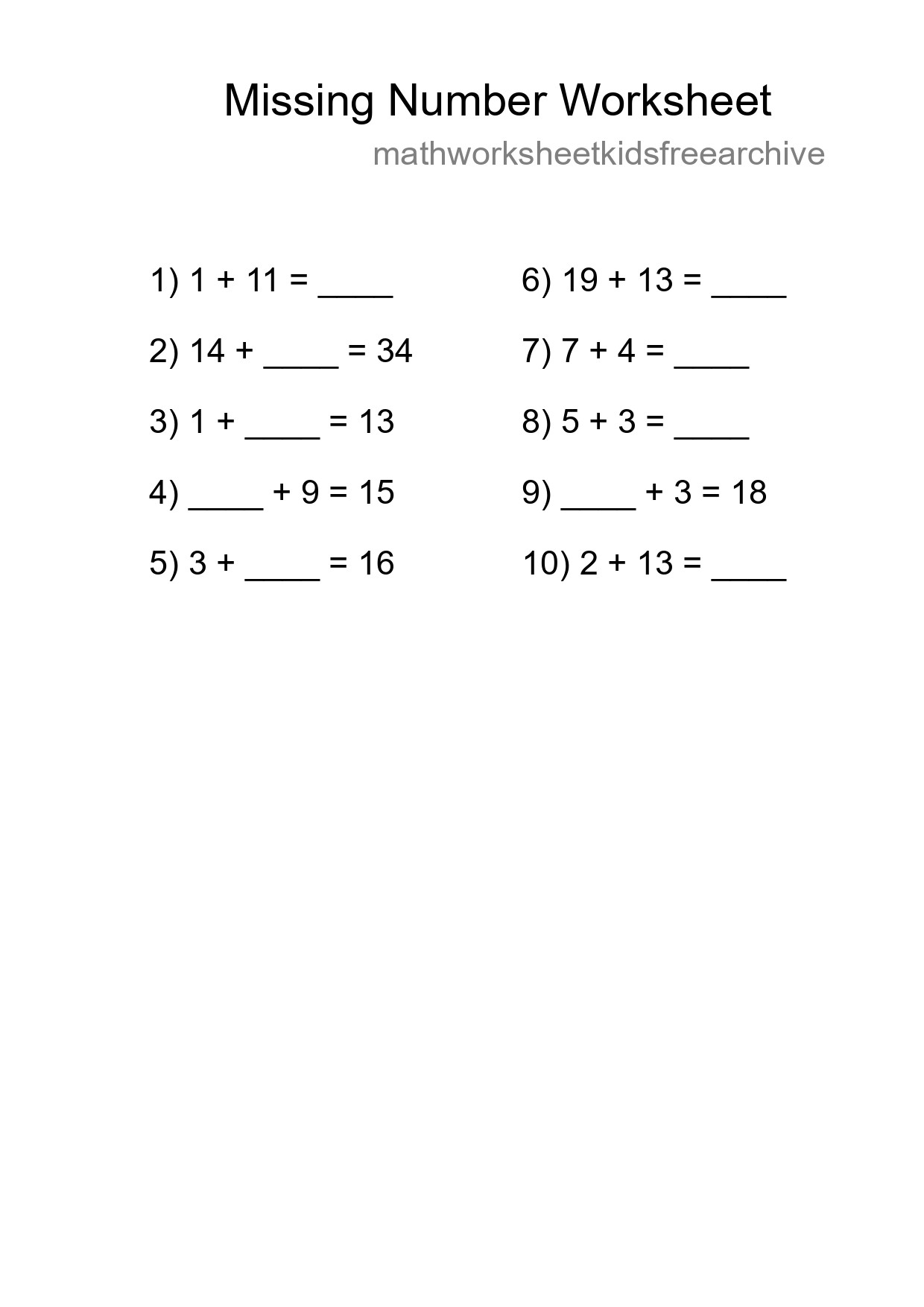 Missing Number Math Worksheet
