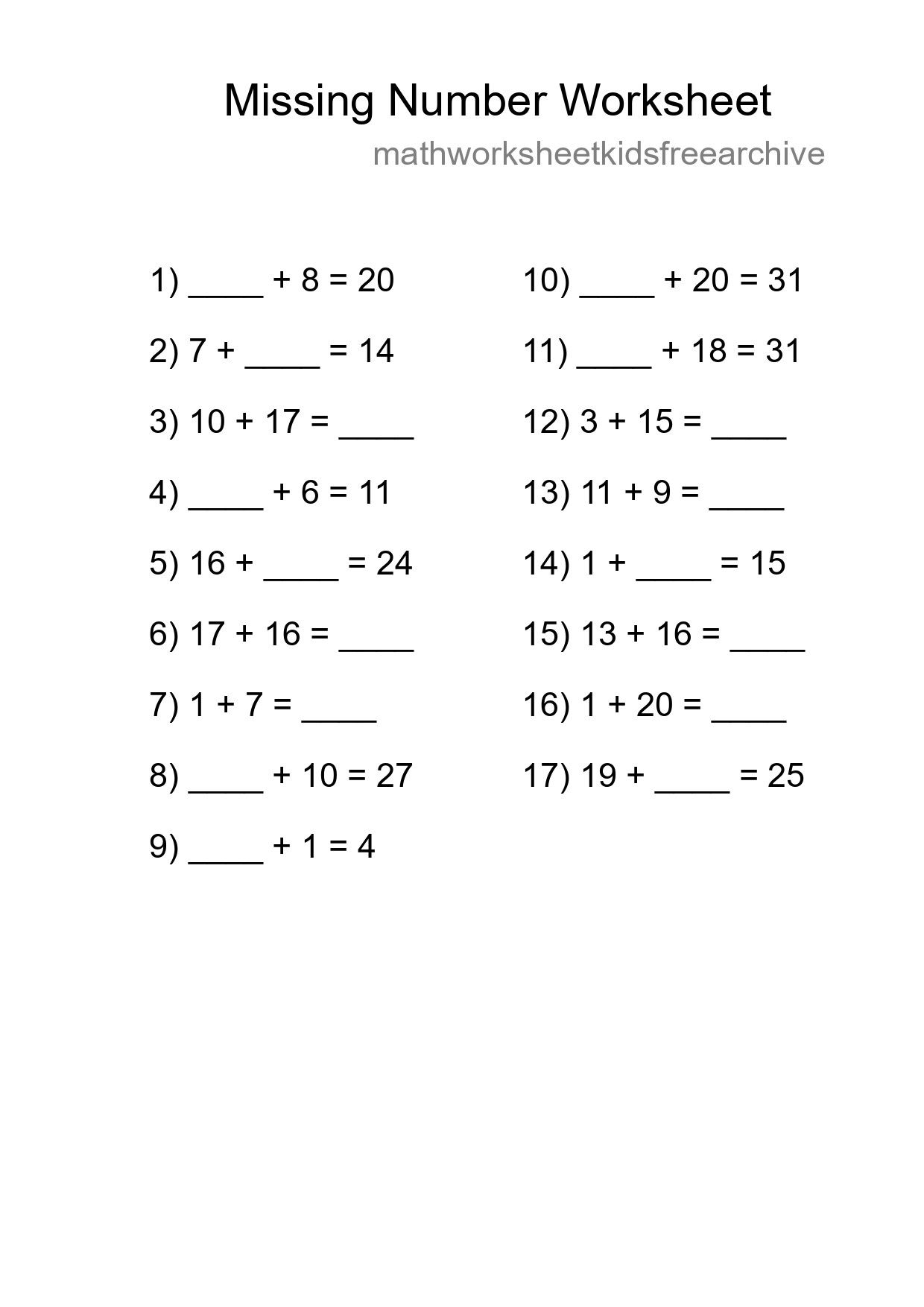 Missing Number Math Worksheet