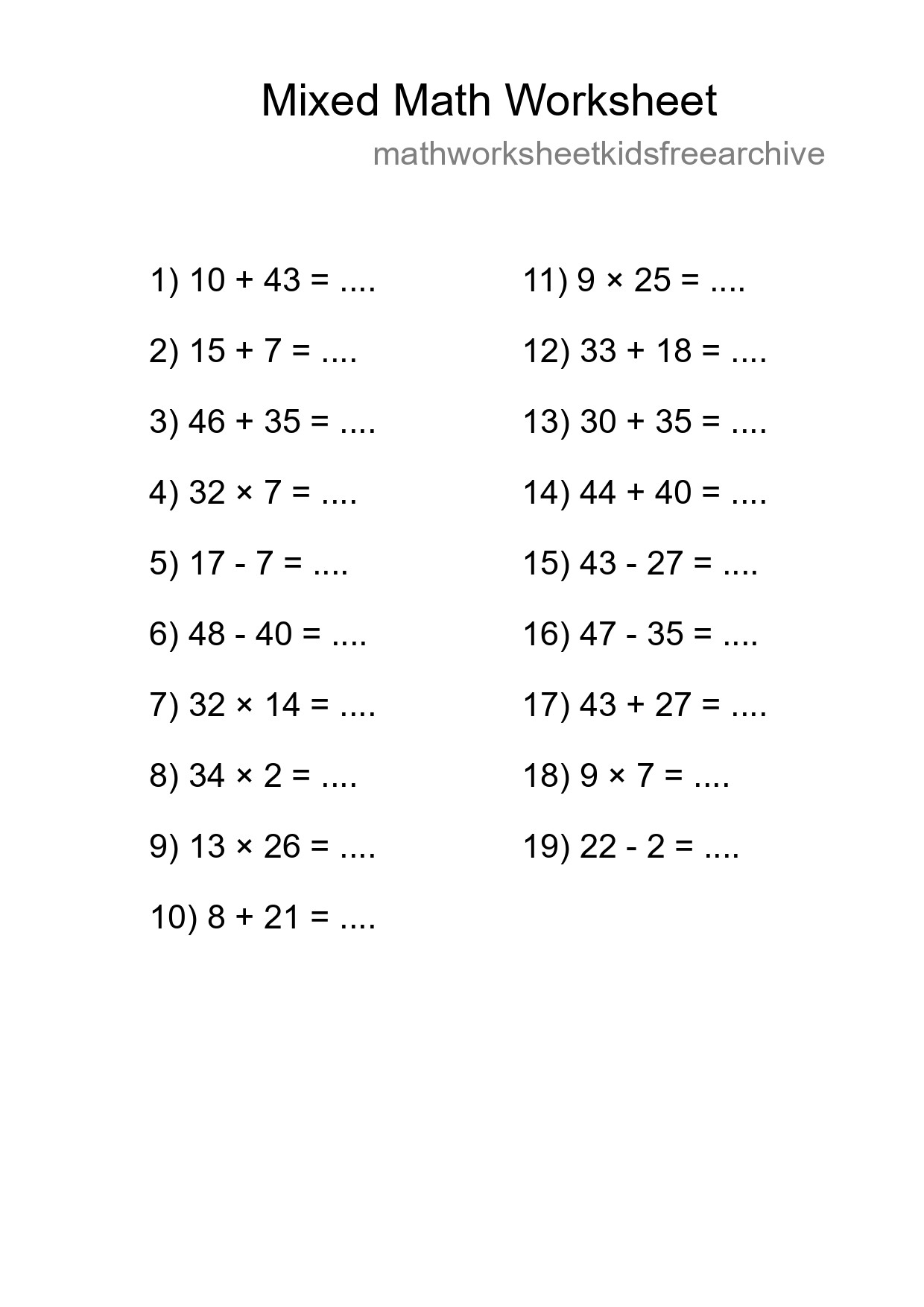 Mixed Operations Math Worksheet