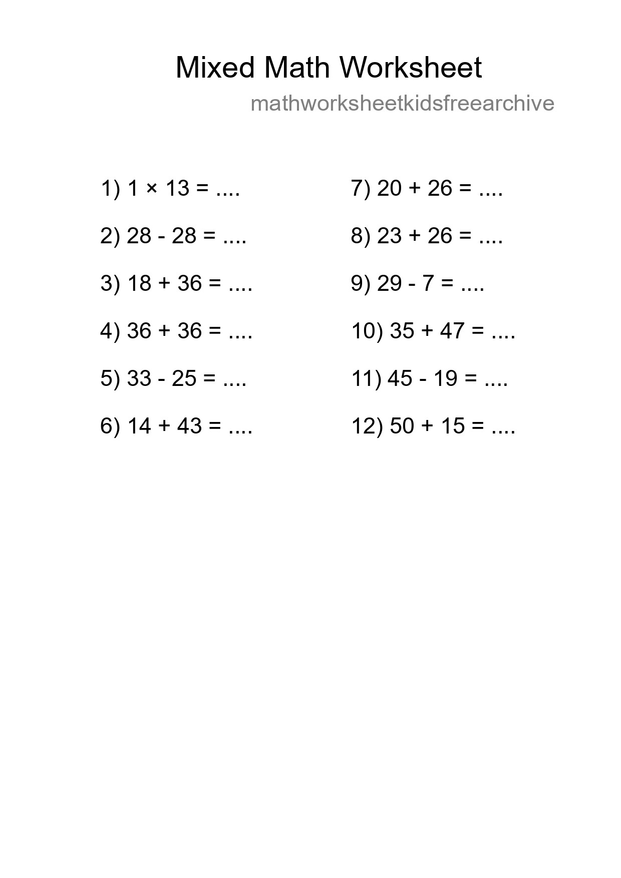 Mixed Operations Math Worksheet