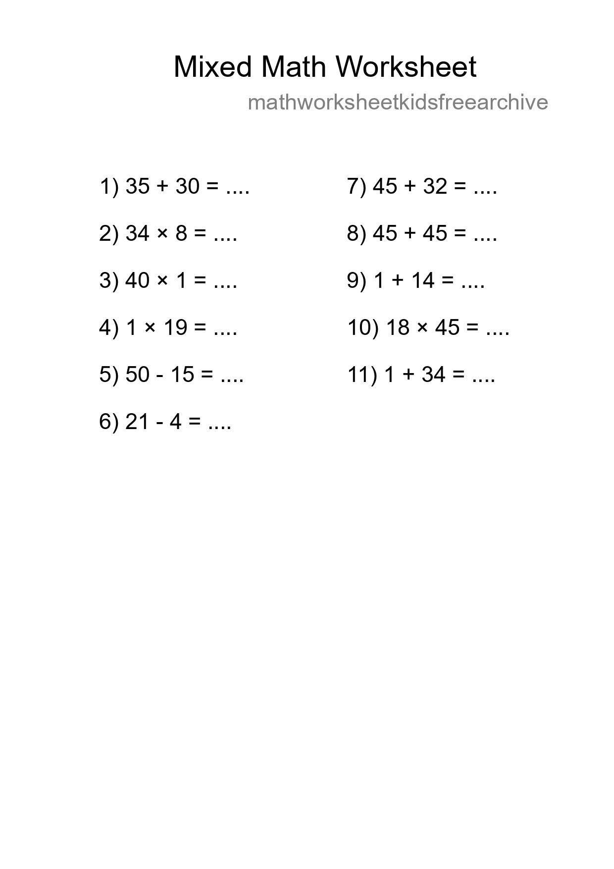 Mixed Operations Math Worksheet