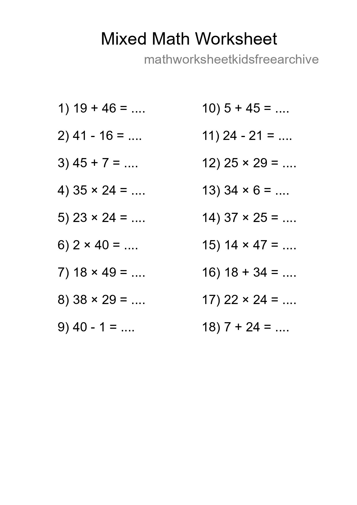 Mixed Operations Math Worksheet
