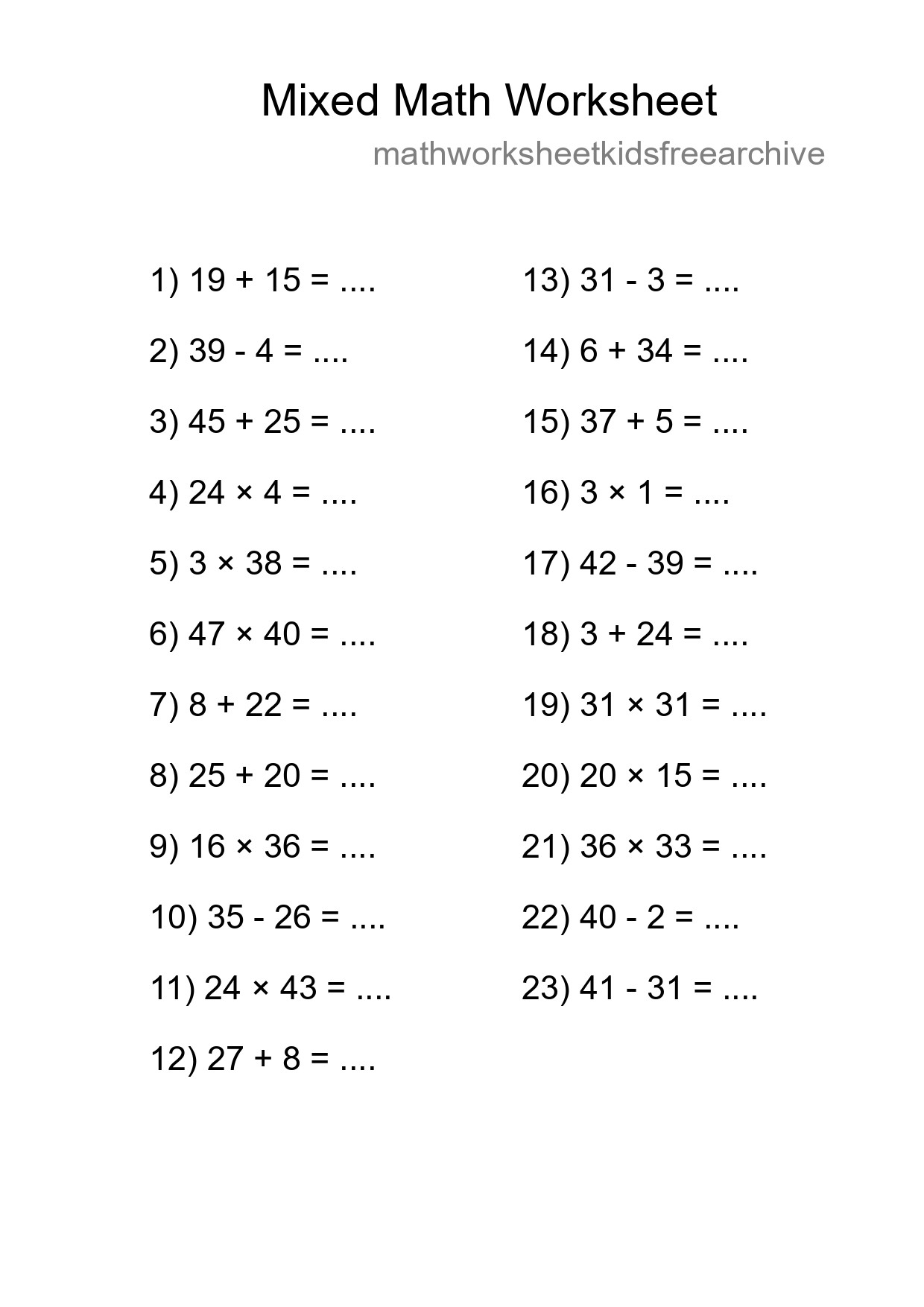 Mixed Operations Math Worksheet