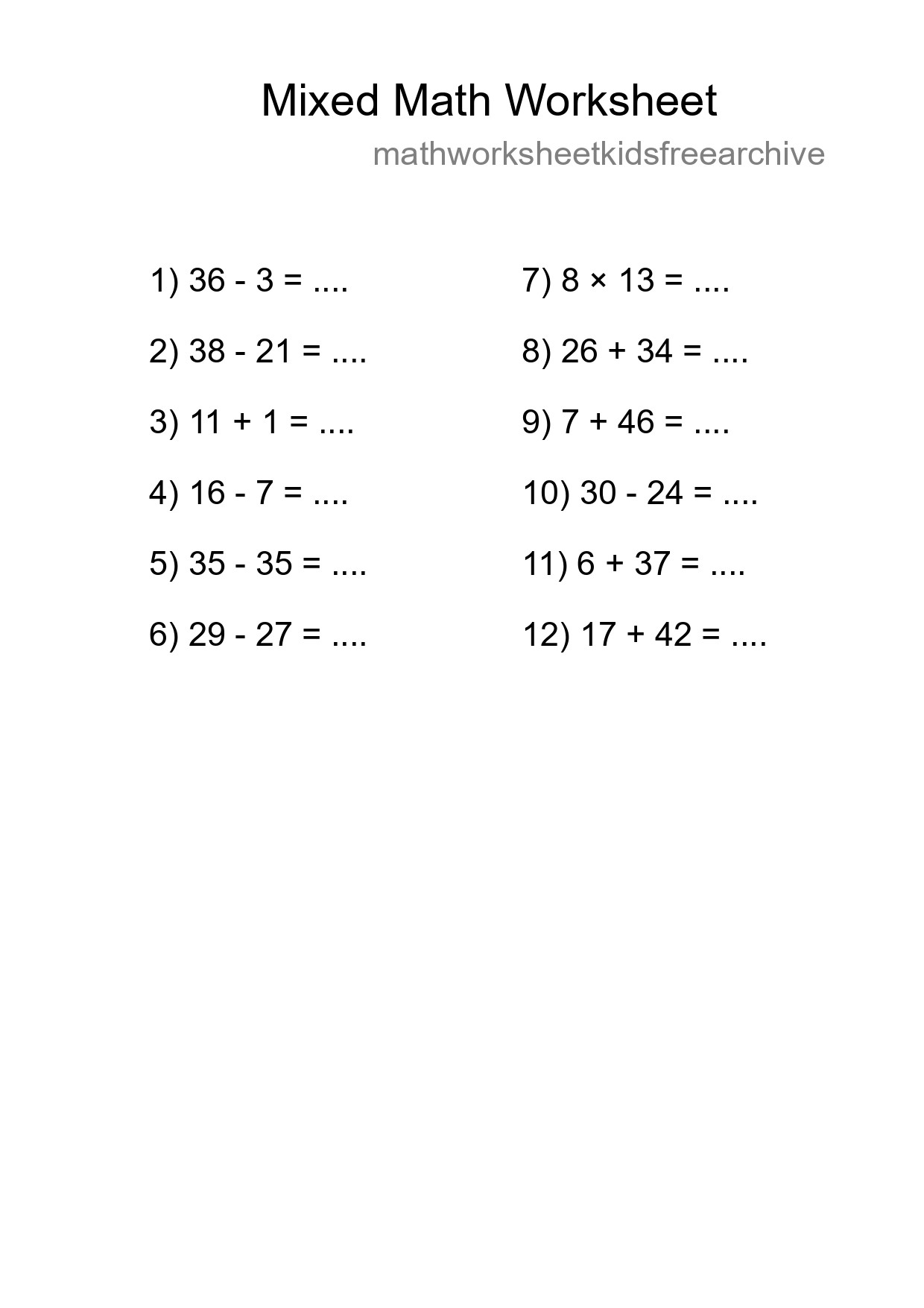 Mixed Operations Math Worksheet