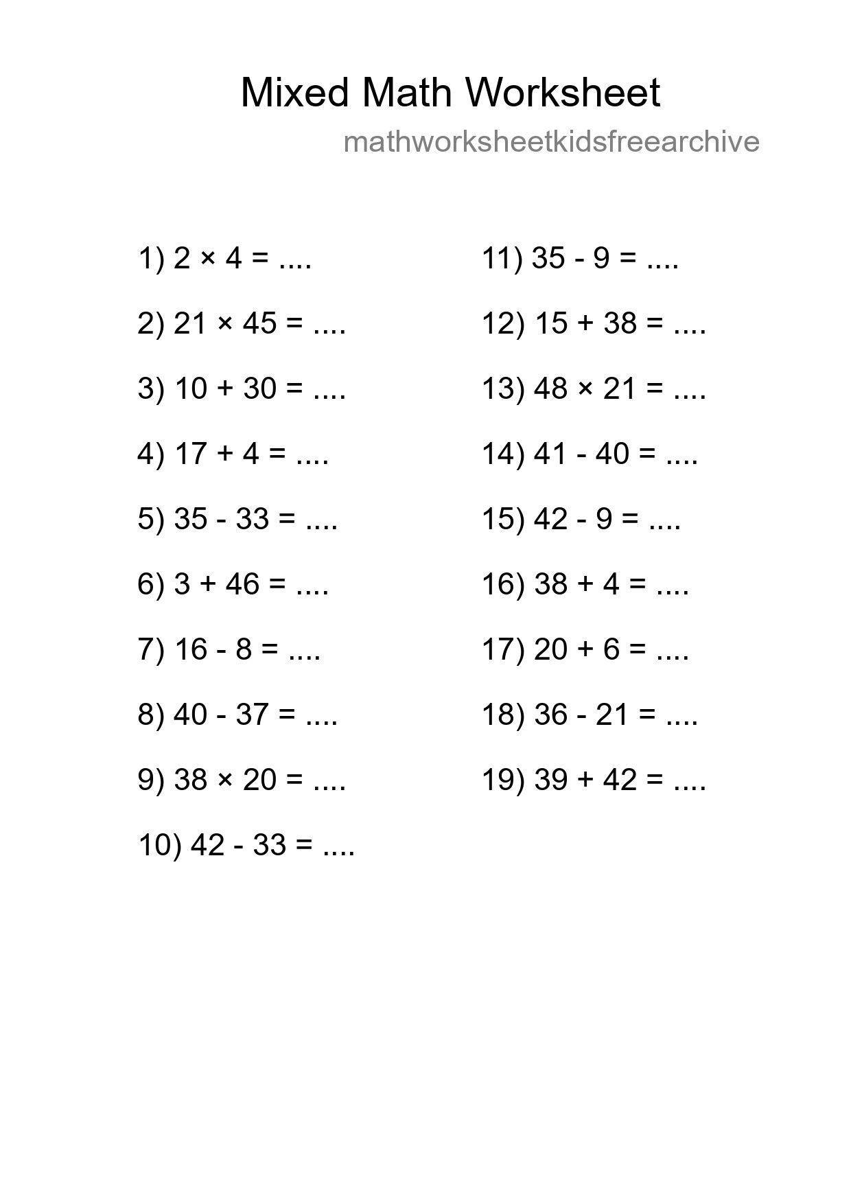 Mixed Operations Math Worksheet