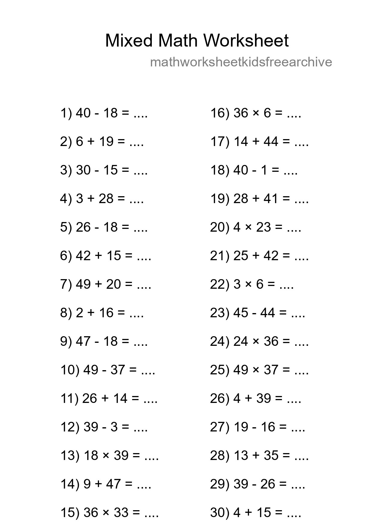 Mixed Operations Math Worksheet