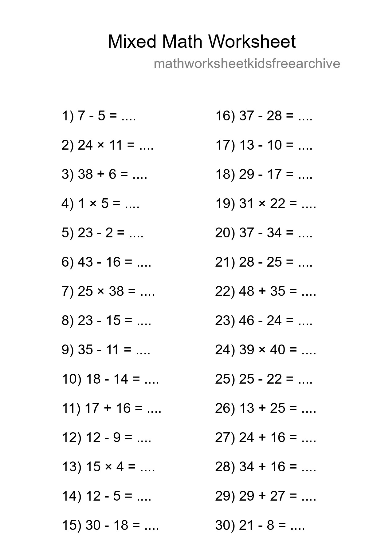 Mixed Operations Math Worksheet