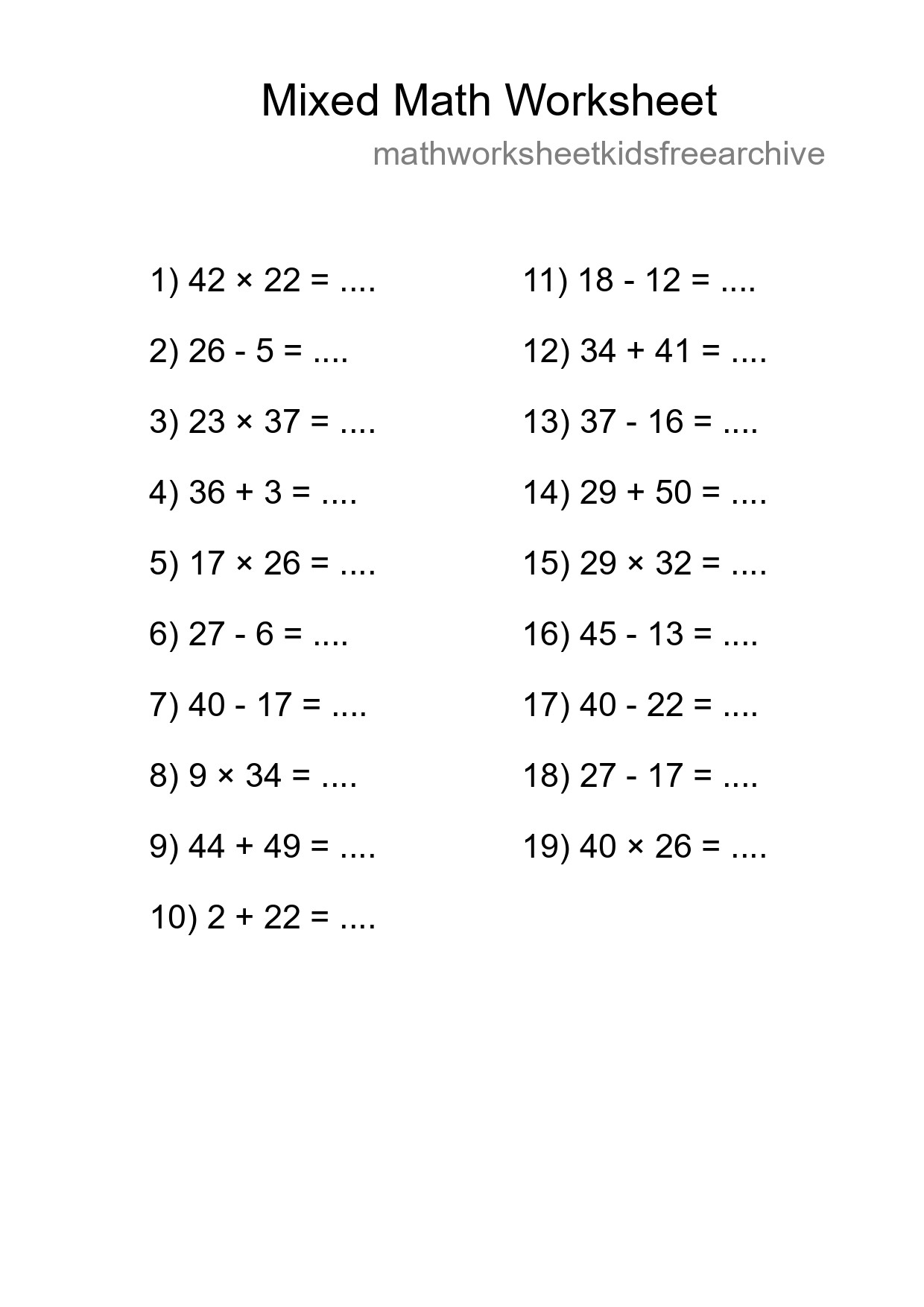 Mixed Operations Math Worksheet