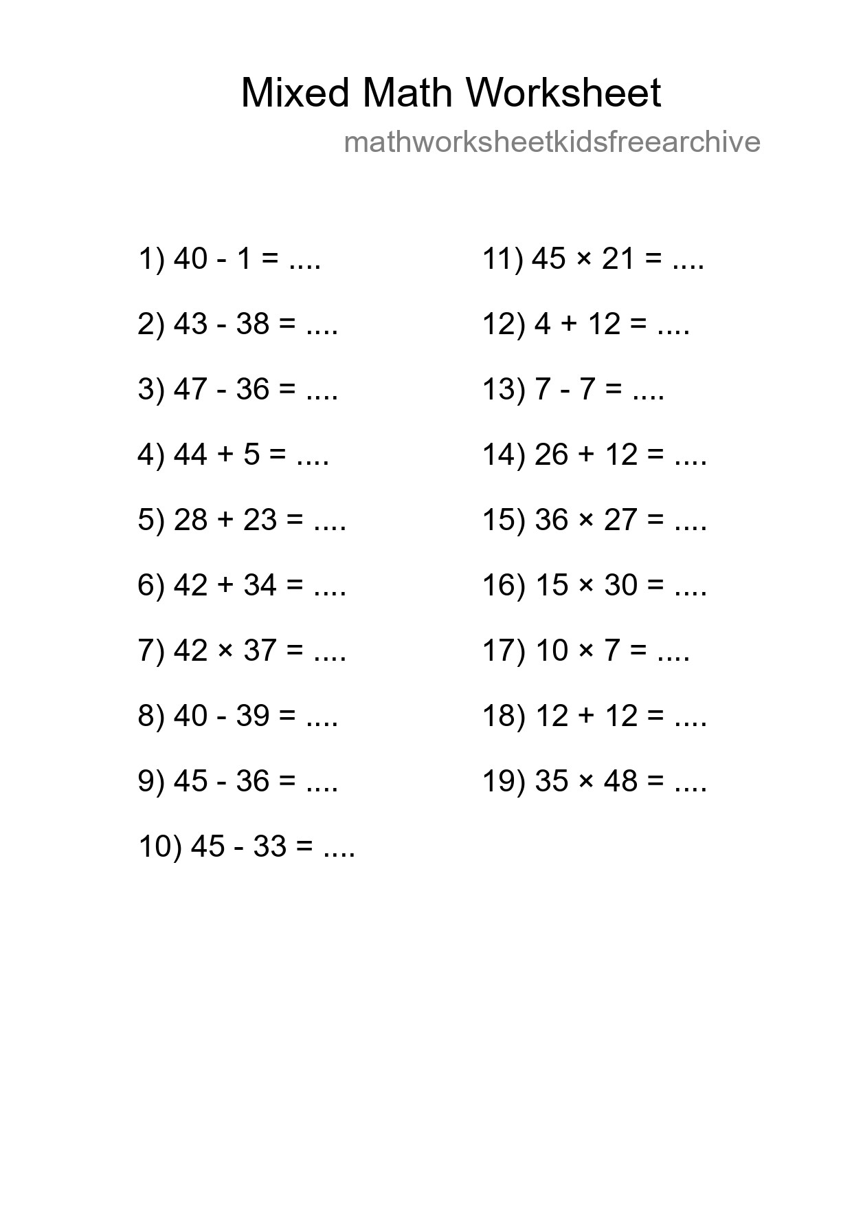 Mixed Operations Math Worksheet