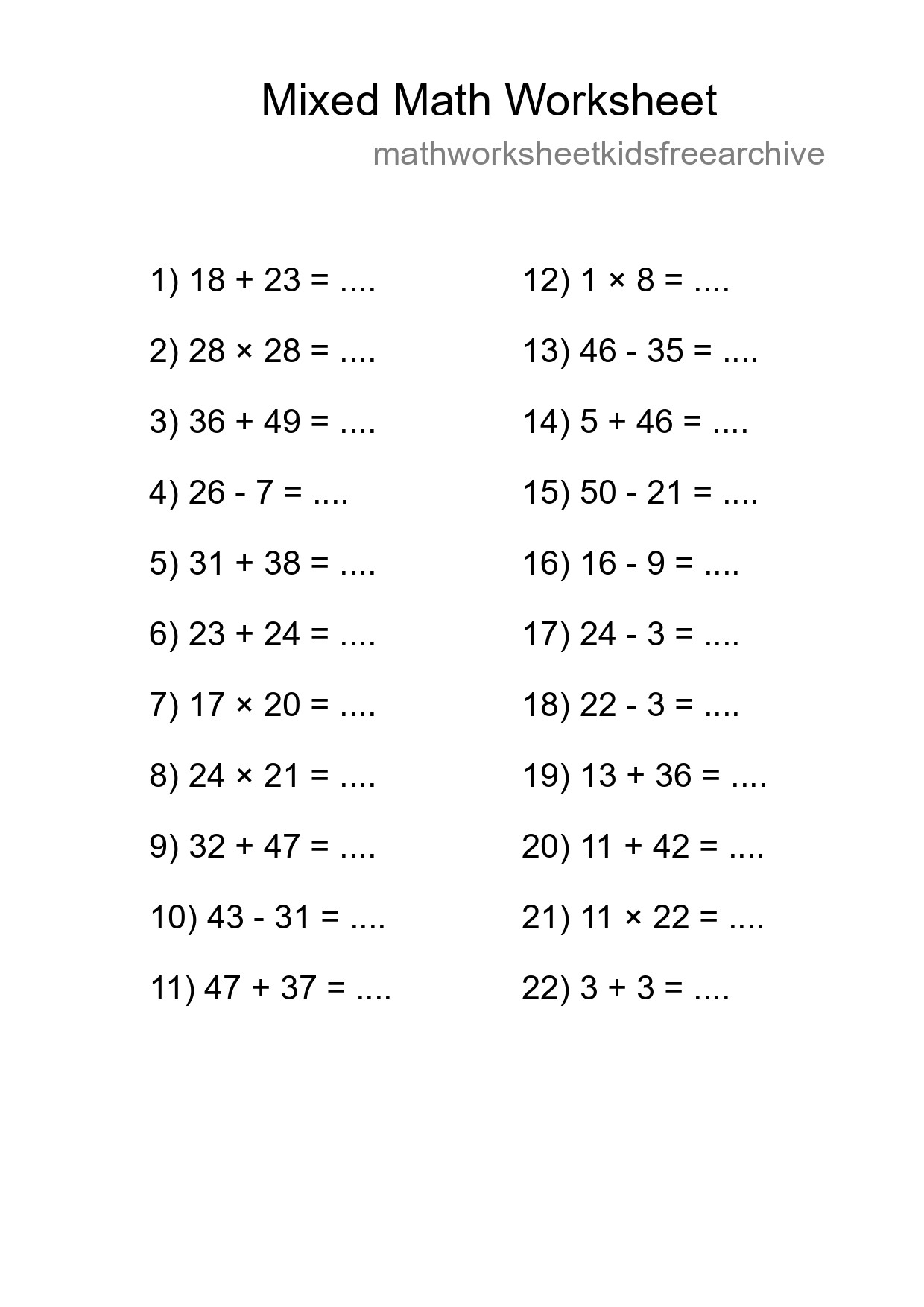 Mixed Operations Math Worksheet