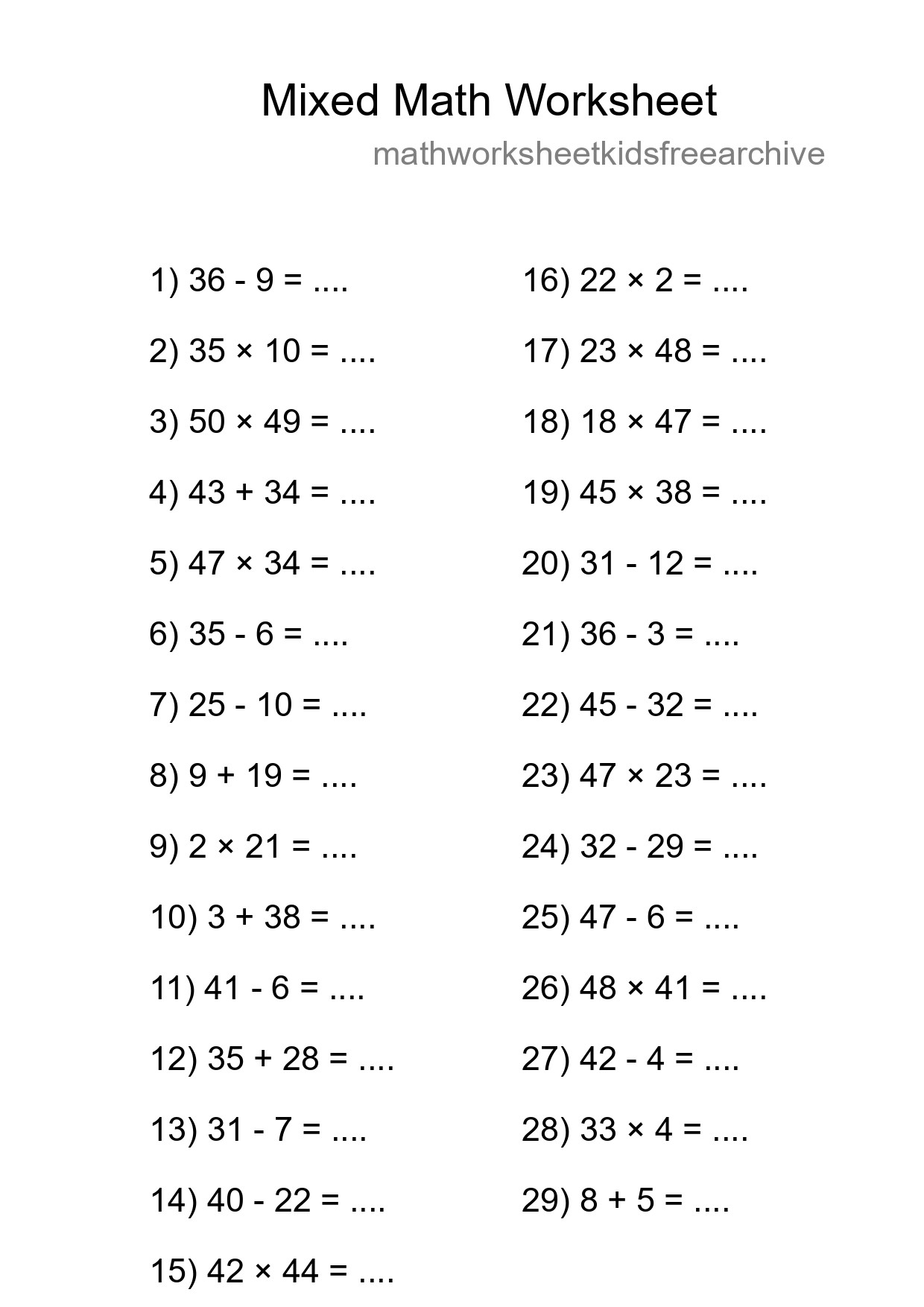 Mixed Operations Math Worksheet
