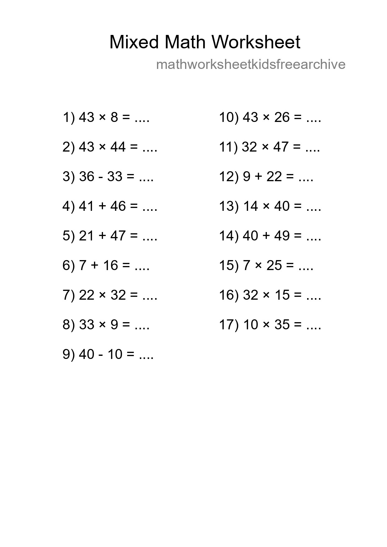 Mixed Operations Math Worksheet