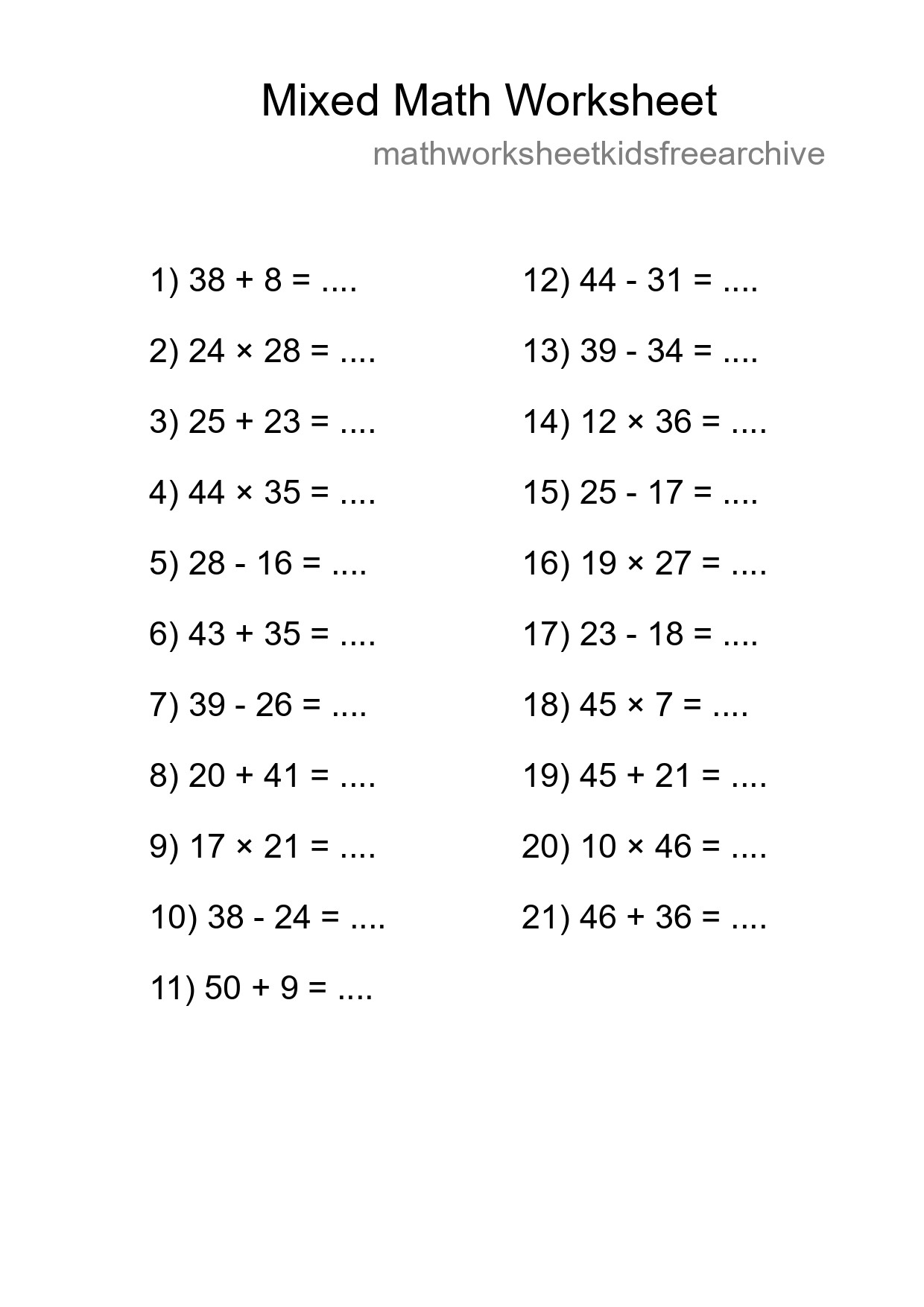 Mixed Operations Math Worksheet