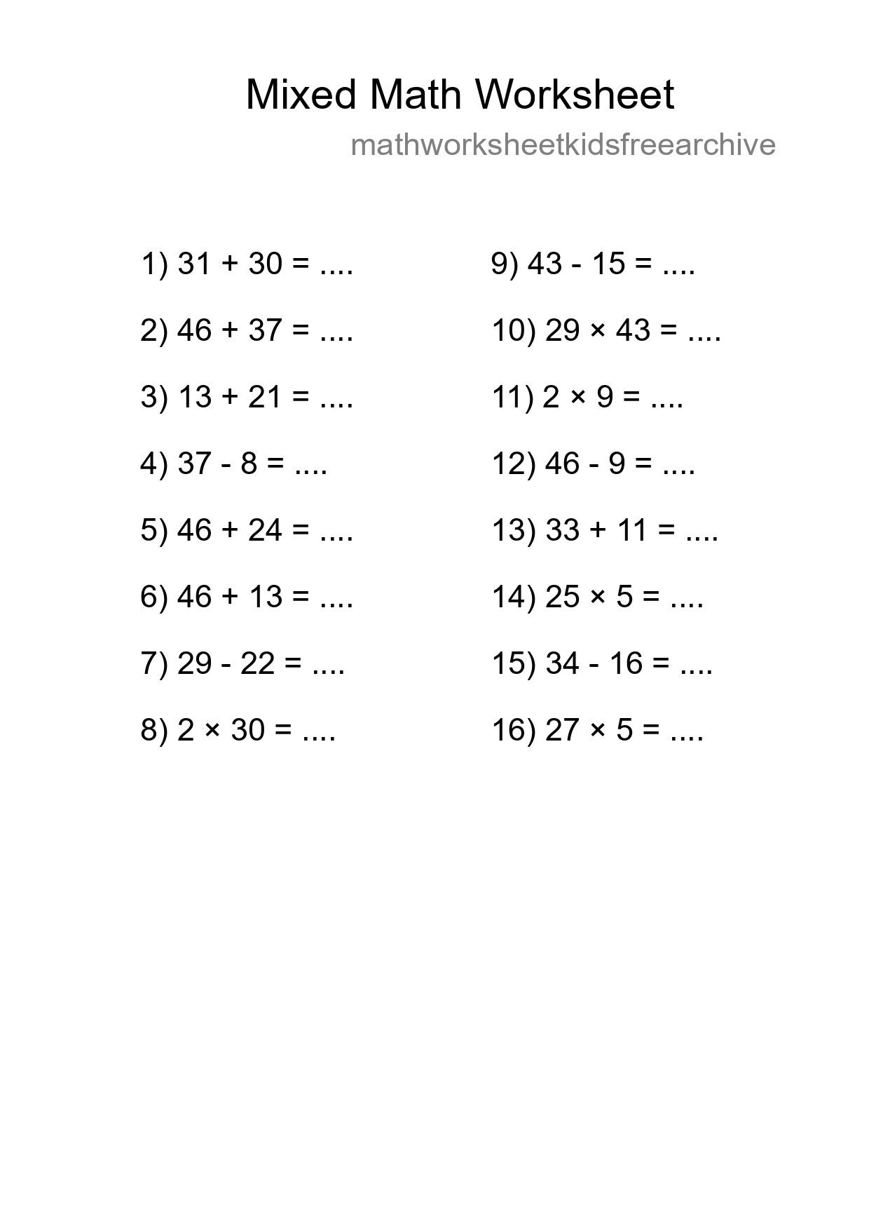 Mixed Operations Math Worksheet