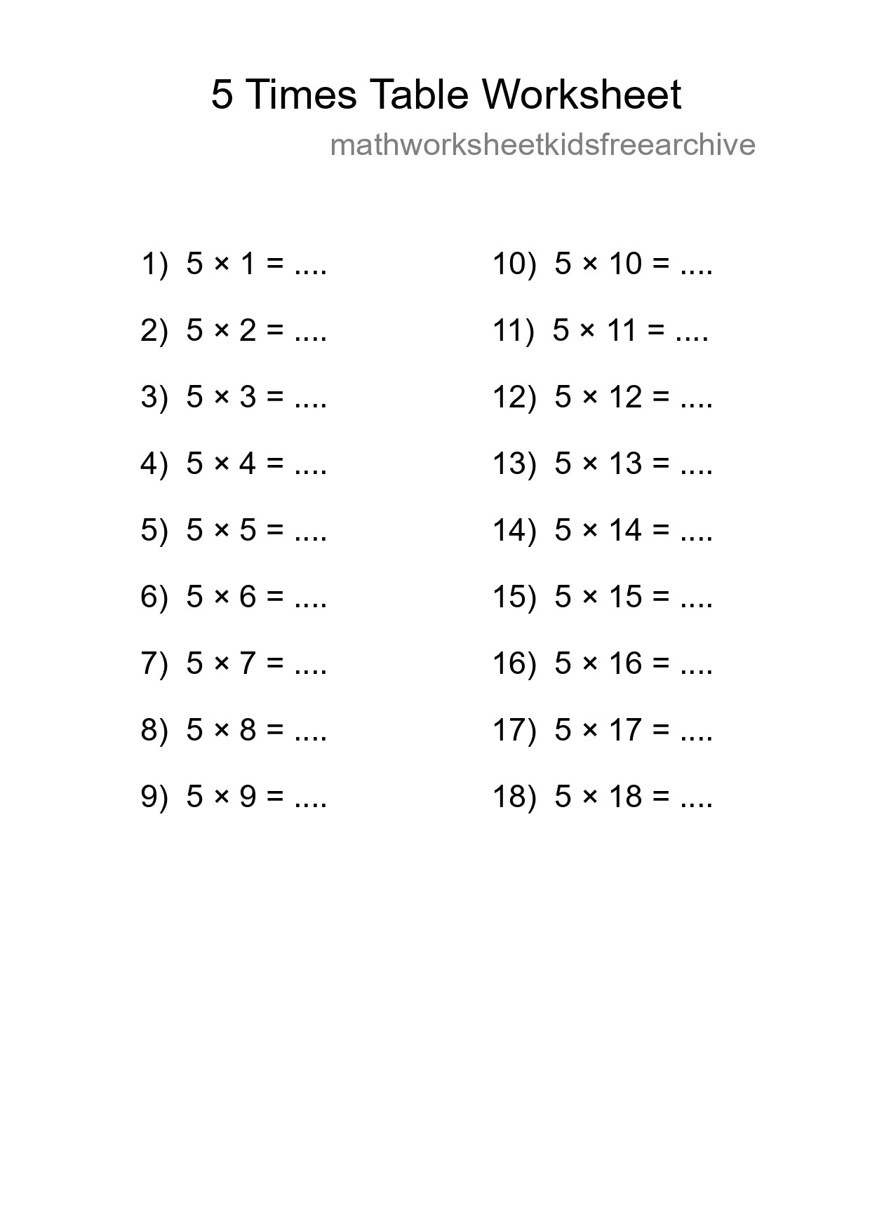 Printable 5 Times Table Worksheet For Grade 2 - Part 141