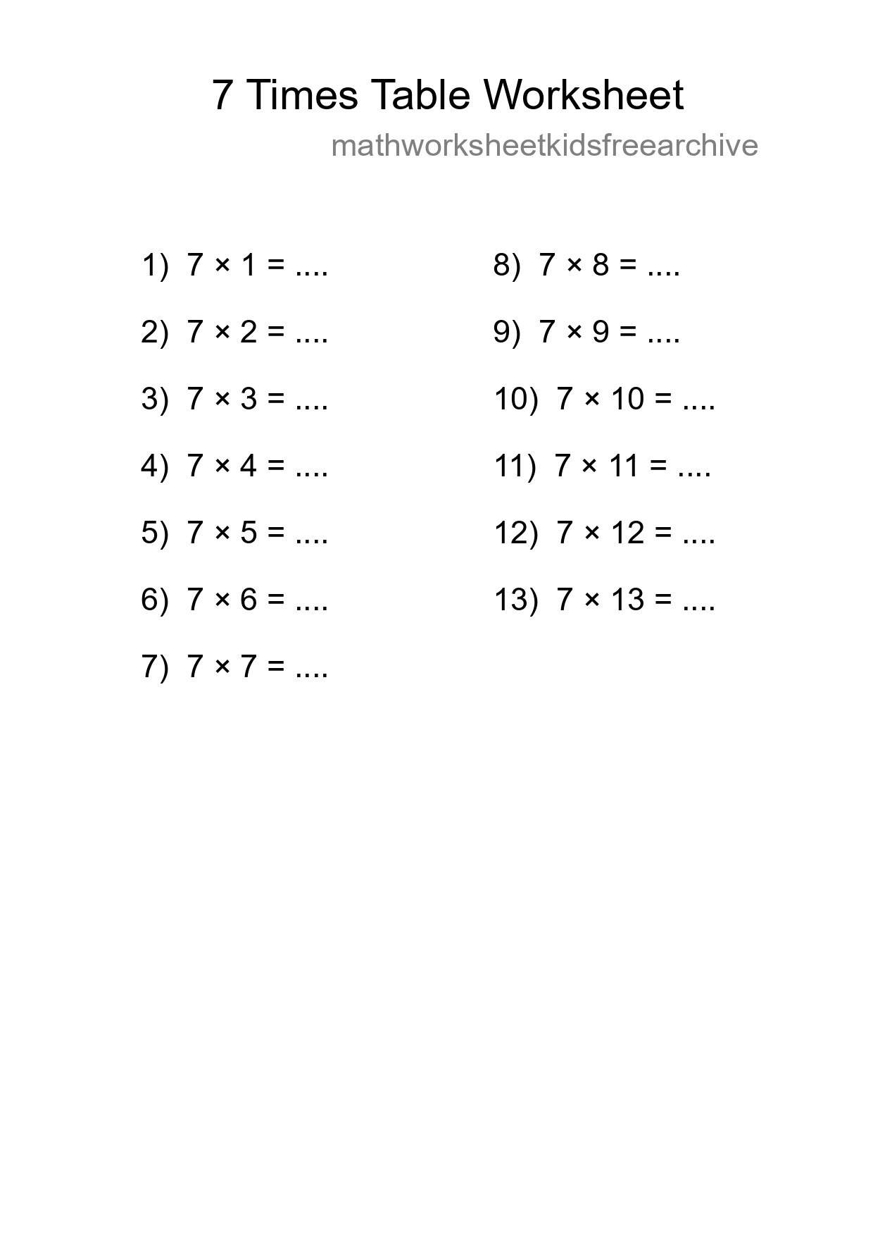 Printable 7 Times Table Worksheet For Grade 3 - Part 64