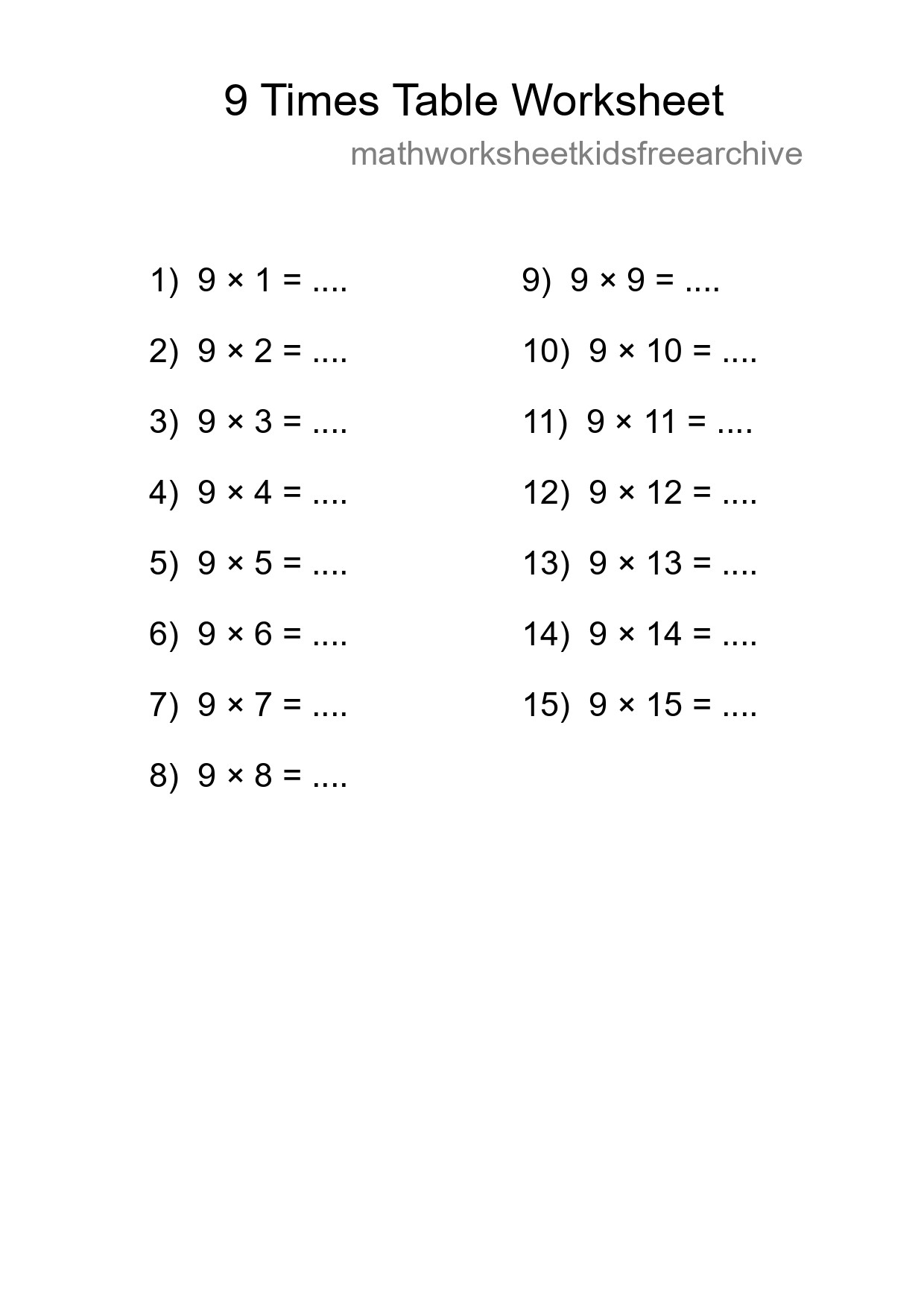 Printable 9 Times Table Worksheet For Grade 3 - Part 42