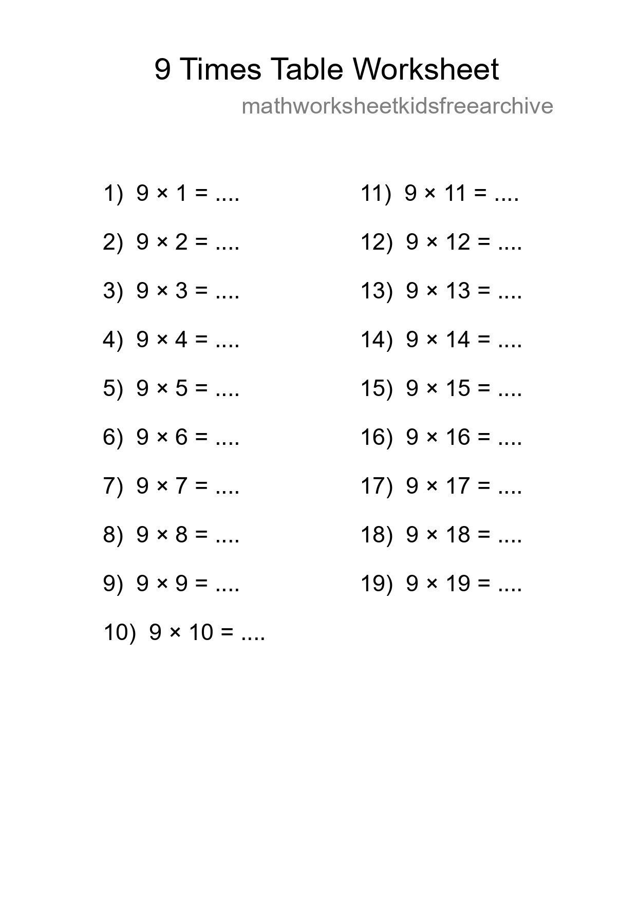 Printable 9 Times Table Worksheet For Grade 3 - Part 53