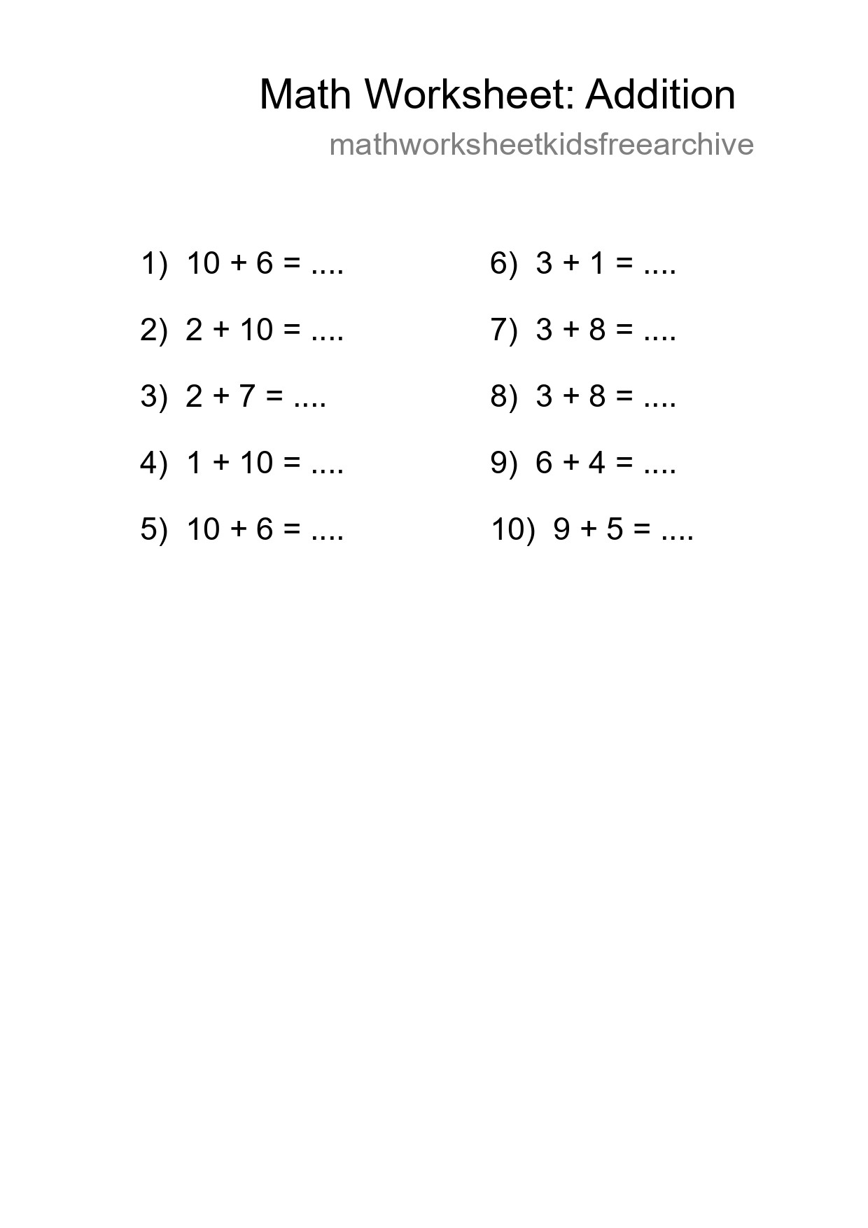 Printable Free 10 Addition Math Worksheet For Grade 1 - Part 188