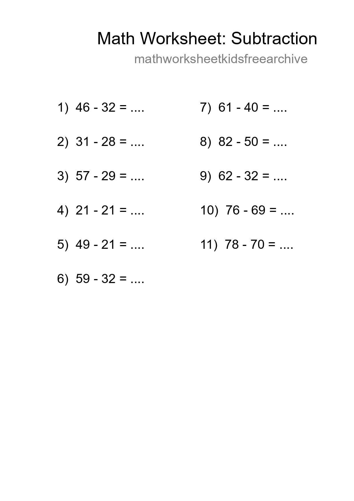 Printable Free 11 Subtraction Math Worksheet For Grade 3 - Part 140