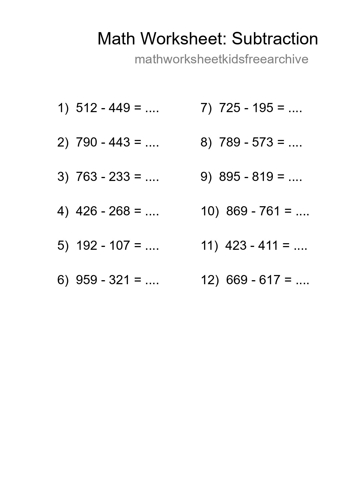Printable Free 12 Subtraction Math Worksheet For Grade 5 - Part 217