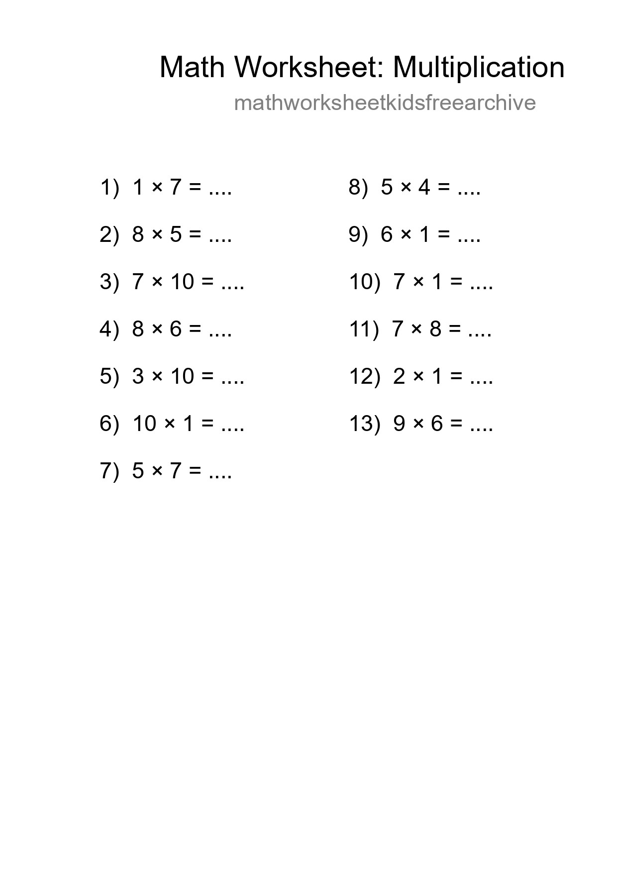 Printable Free 13 Multiplication Math Worksheet For Grade 1 - Part 7