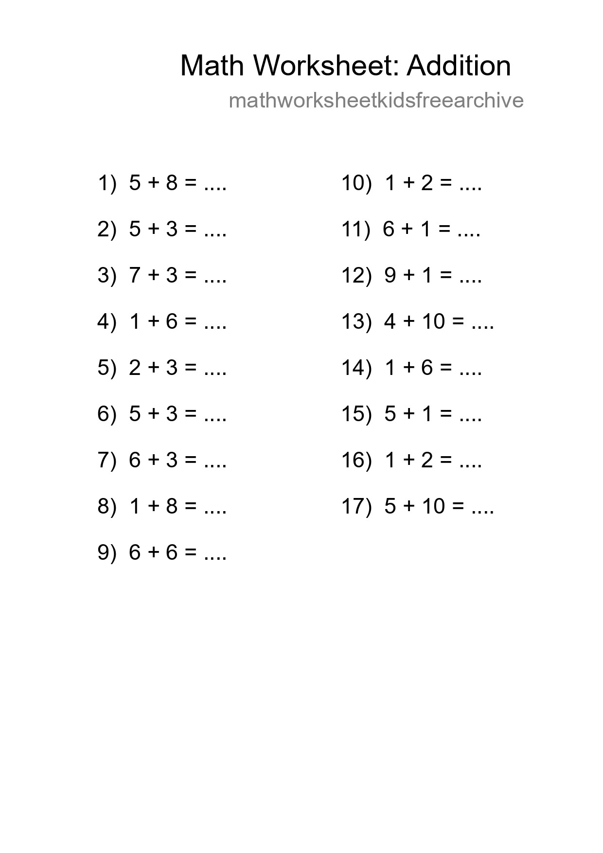 Printable Free 17 Addition Math Worksheet For Grade 1 - Part 155