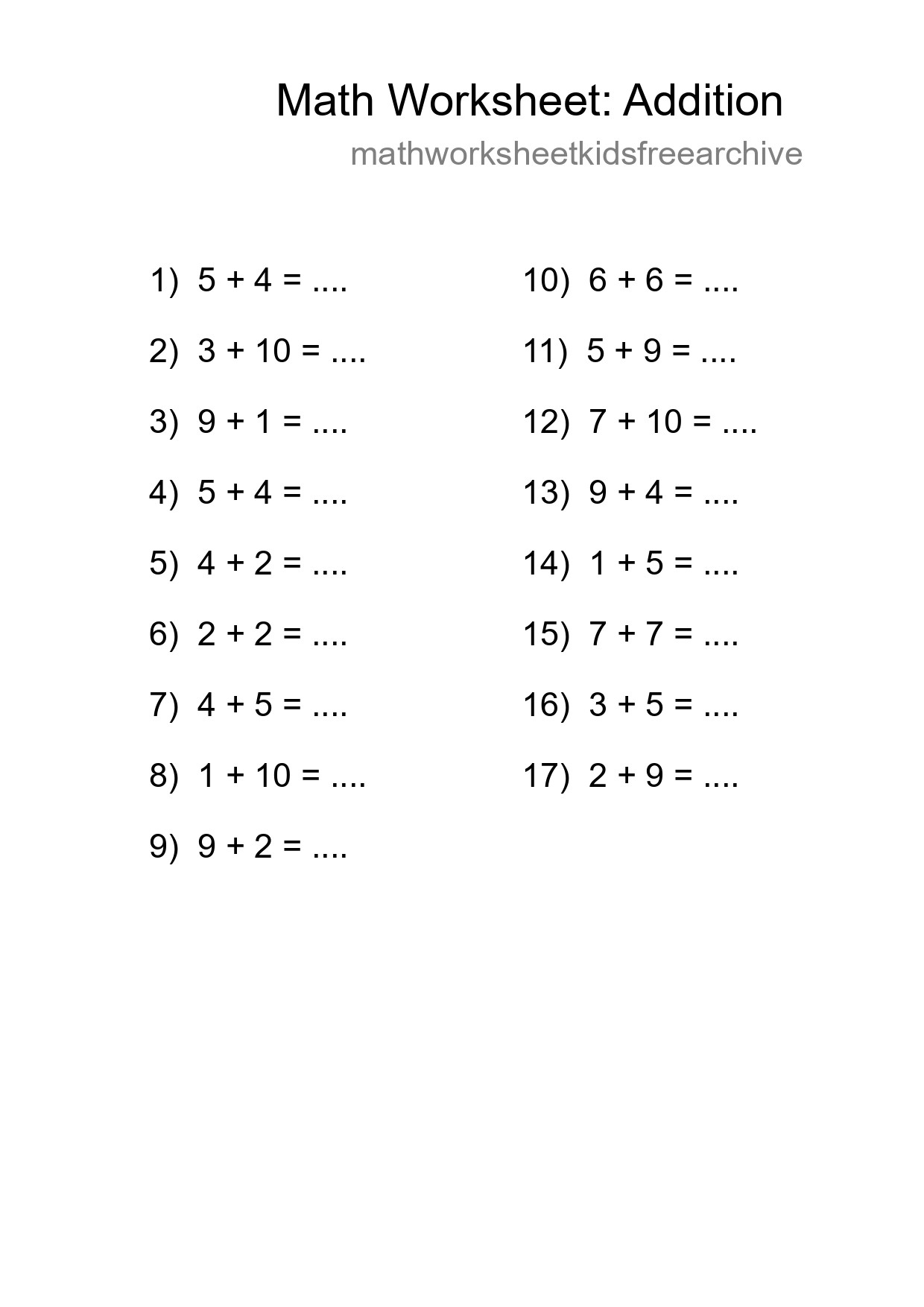Printable Free 17 Addition Math Worksheet For Grade 1 - Part 232