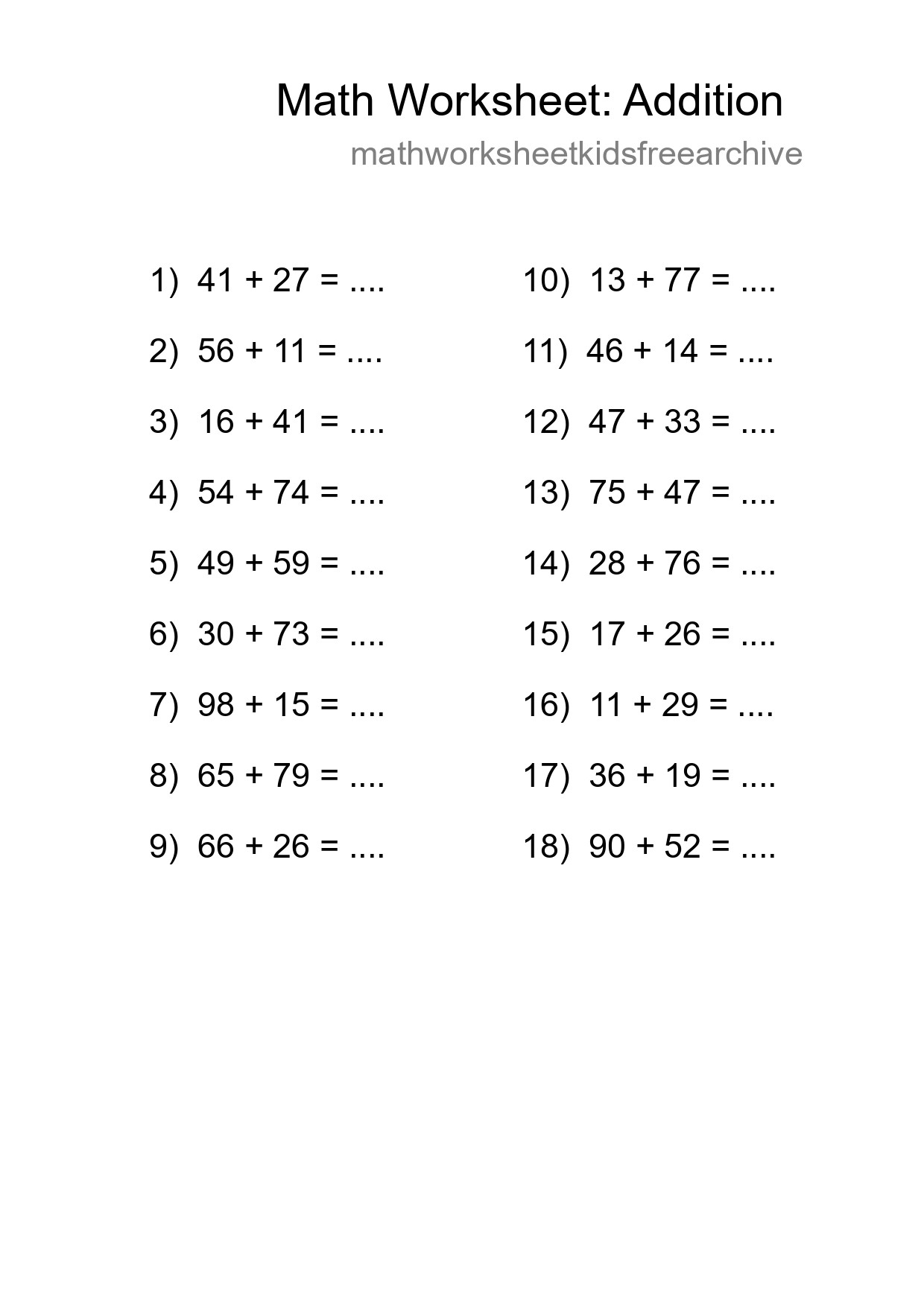 Printable Free 18 Addition Math Worksheet For Grade 3 - Part 199