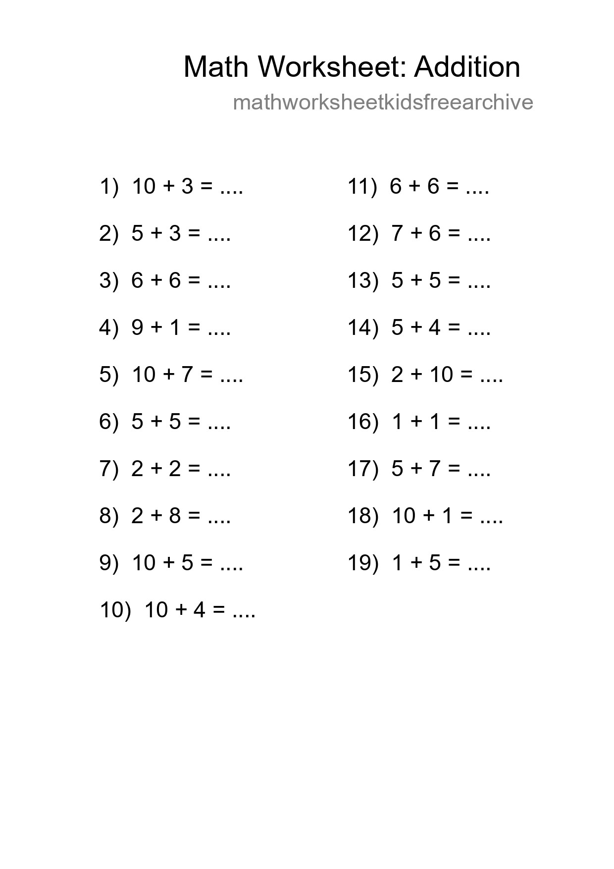 Printable Free 19 Addition Math Worksheet For Grade 1 - Part 12