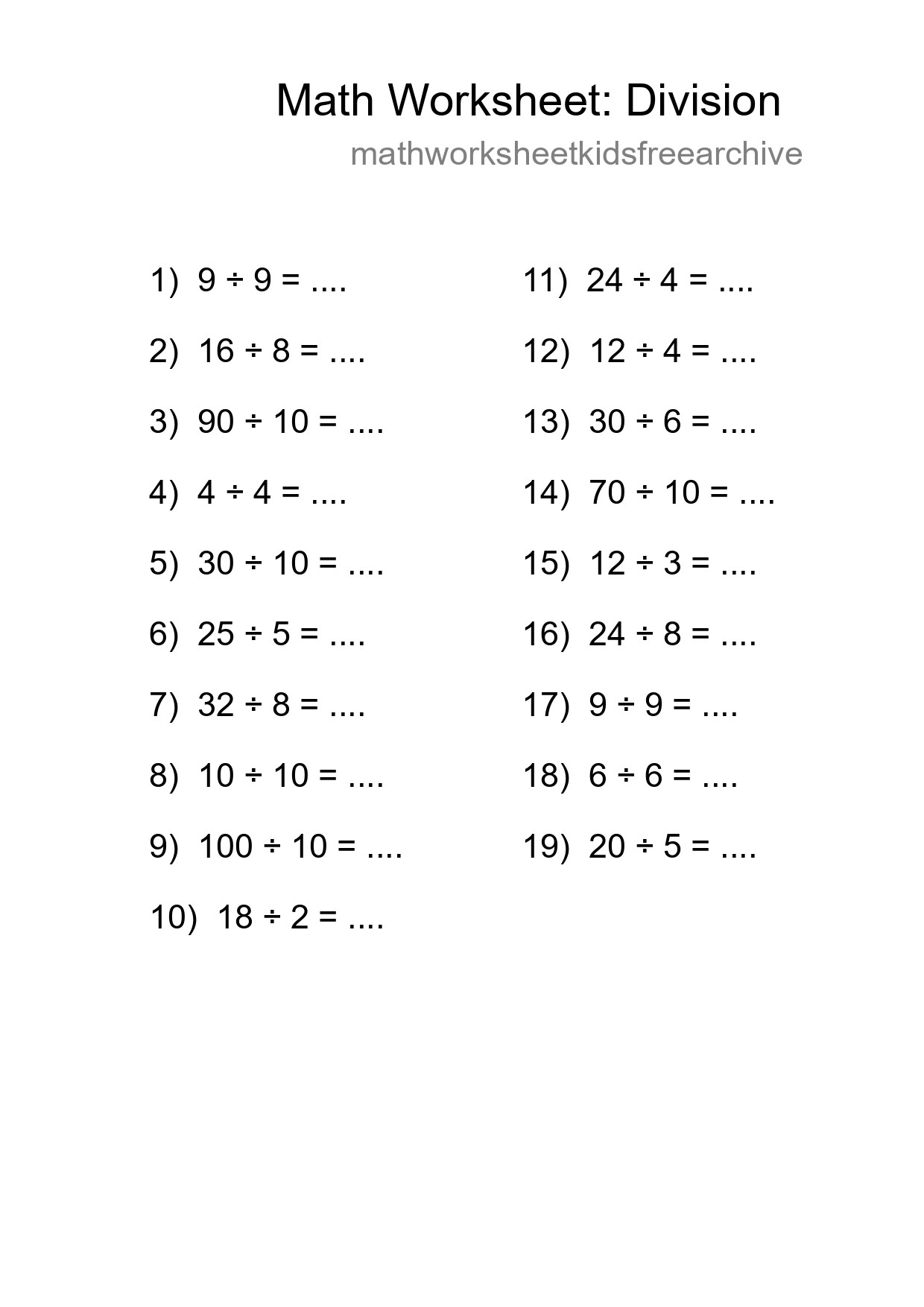 Printable Free 19 Division Math Worksheet For Grade 1 - Part 191