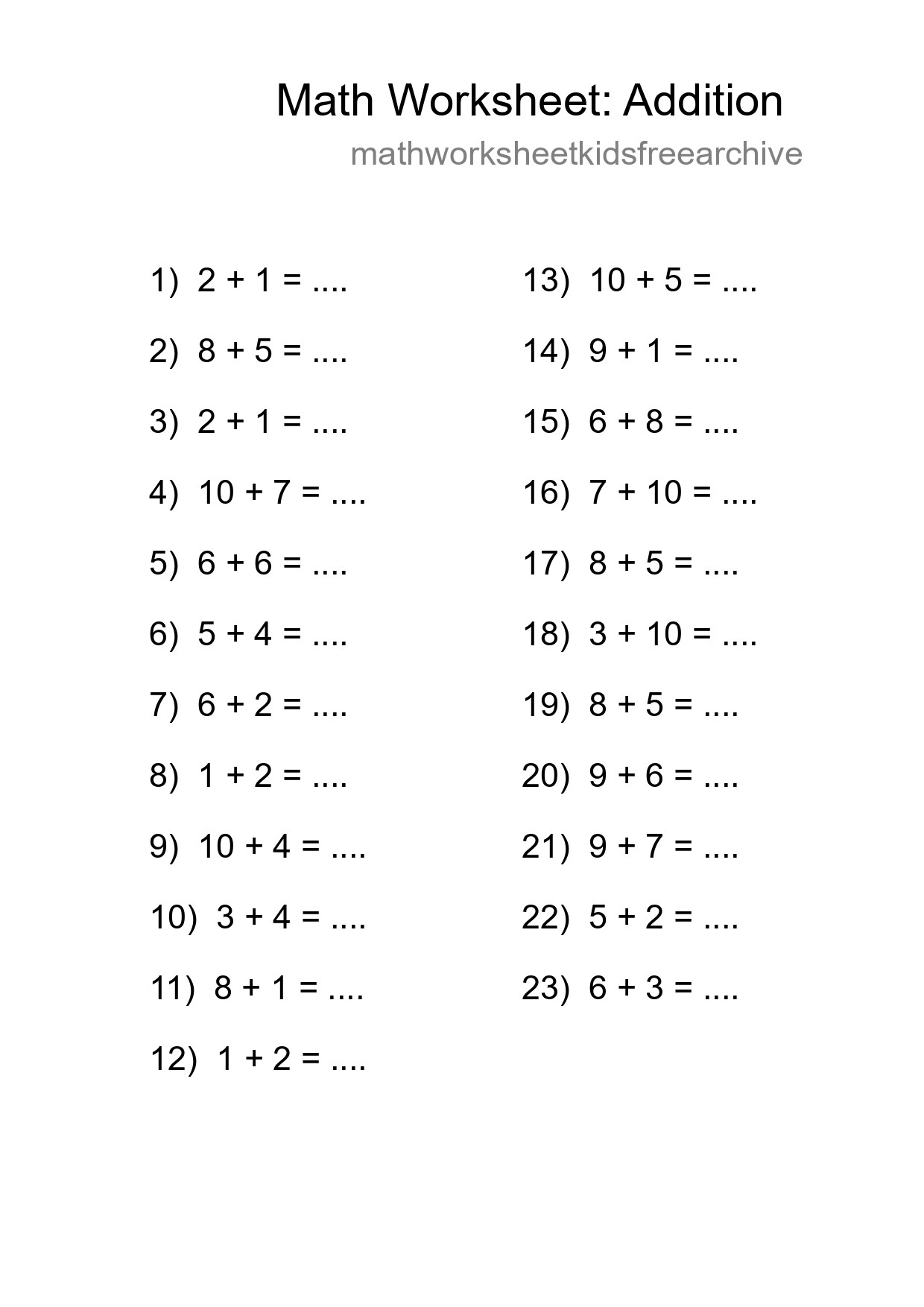 Printable Free 23 Addition Math Worksheet For Grade 1 - Part 133