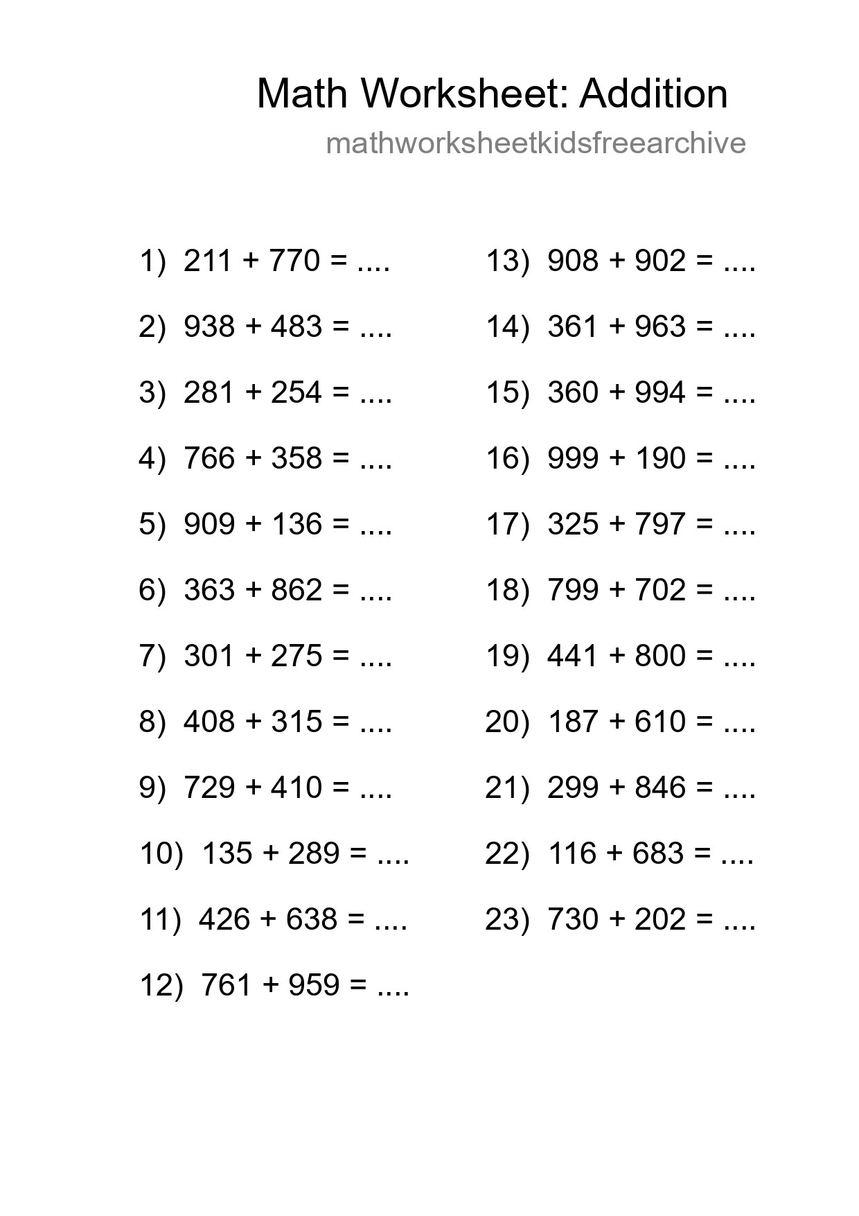 Printable Free 23 Addition Math Worksheet For Grade 5 - Part 144