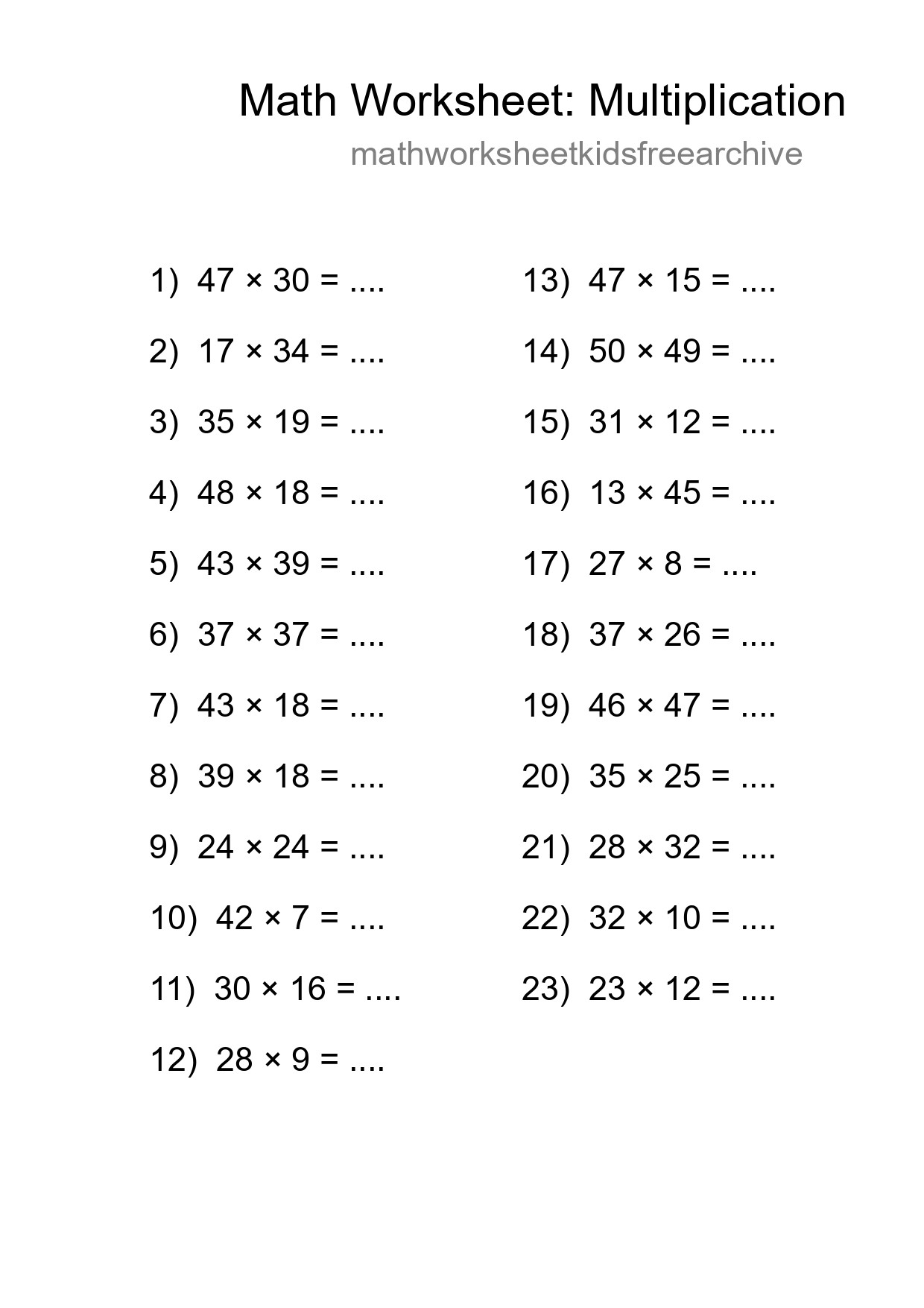 Printable Free 23 Multiplication Math Worksheet For Grade 2 - Part 172