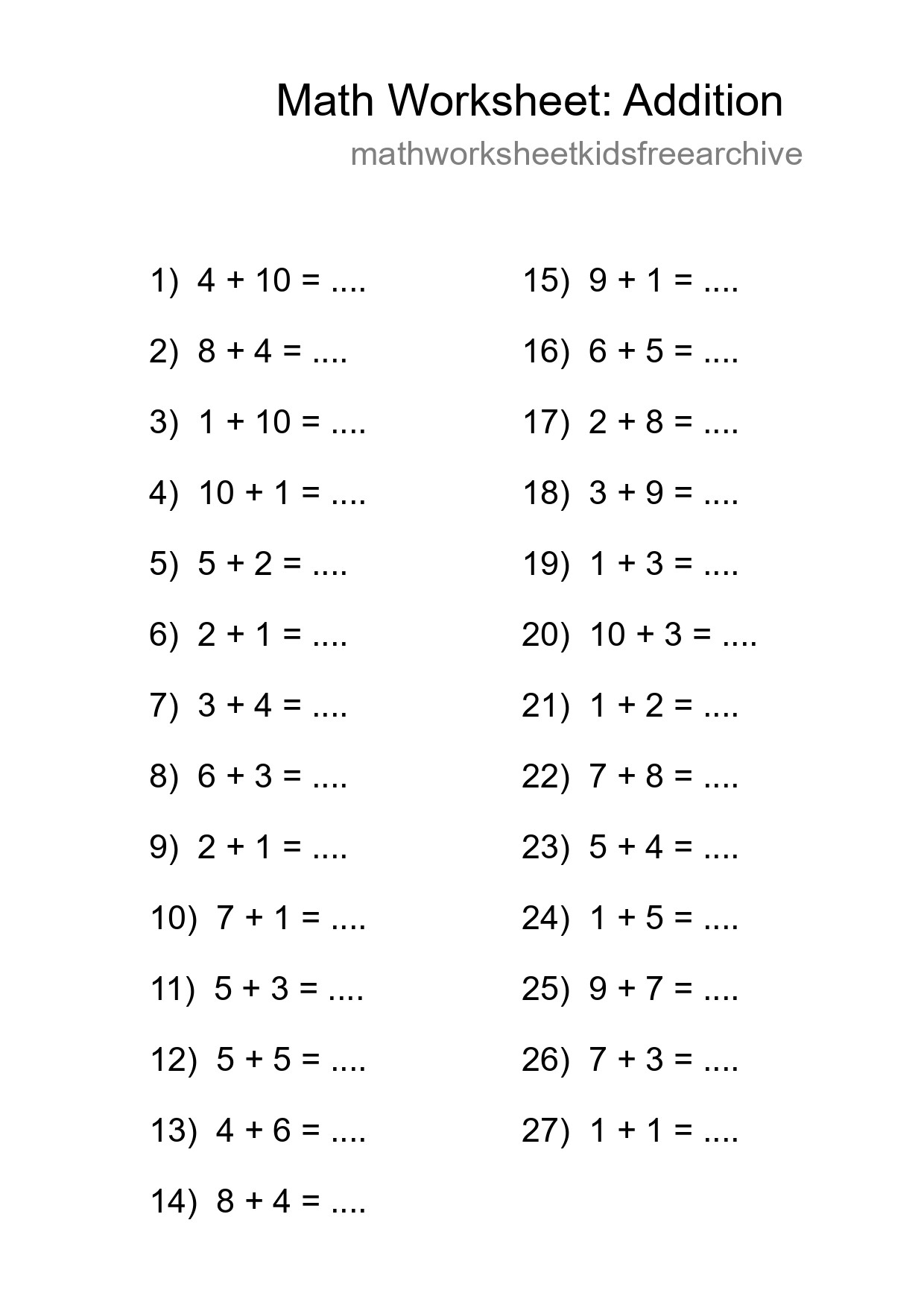 Printable Free 27 Addition Math Worksheet For Grade 1 - Part 23