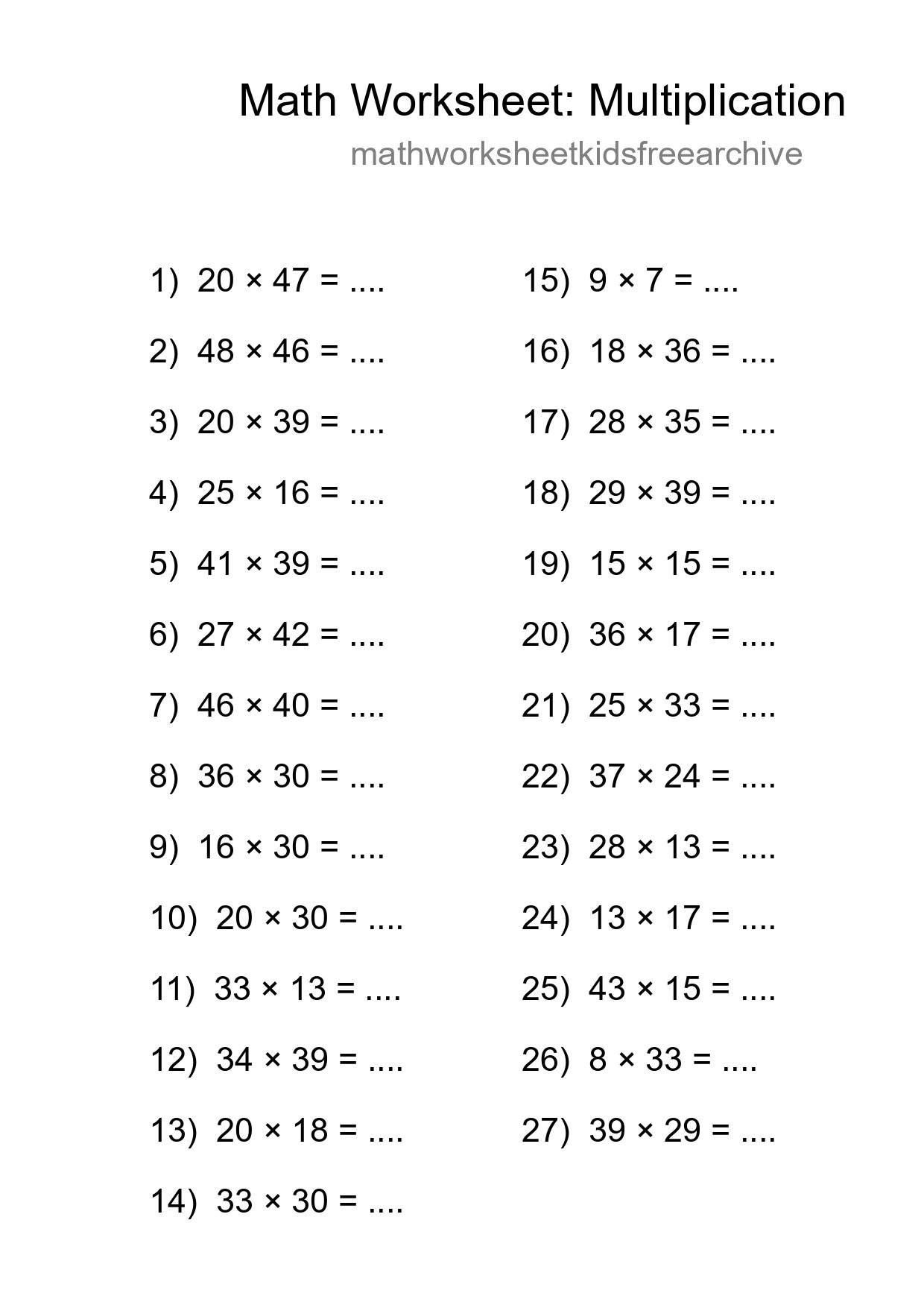 Printable Free 27 Multiplication Math Worksheet For Grade 2 - Part 249