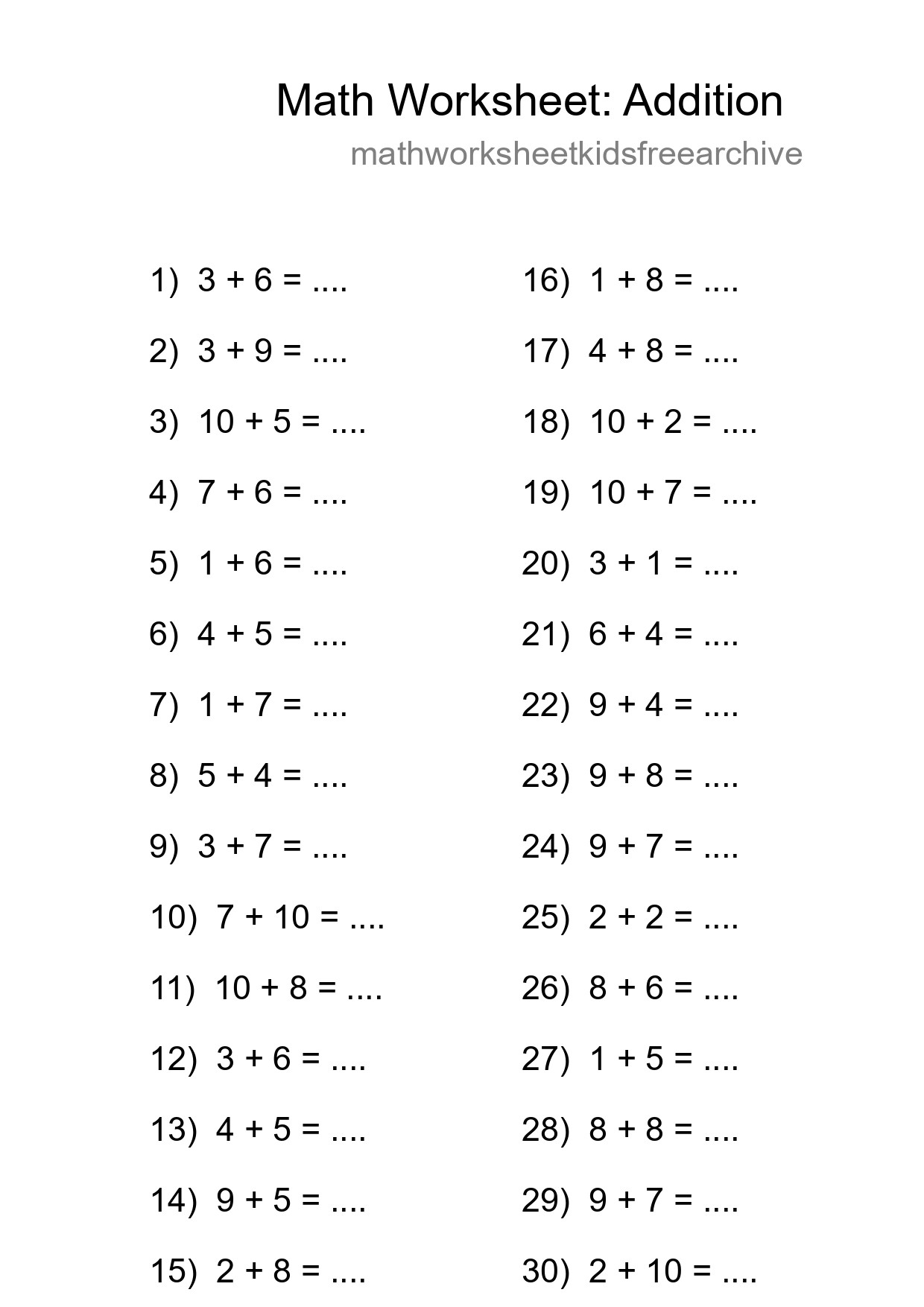 Printable Free 30 Addition Math Worksheet For Grade 1 - Part 210